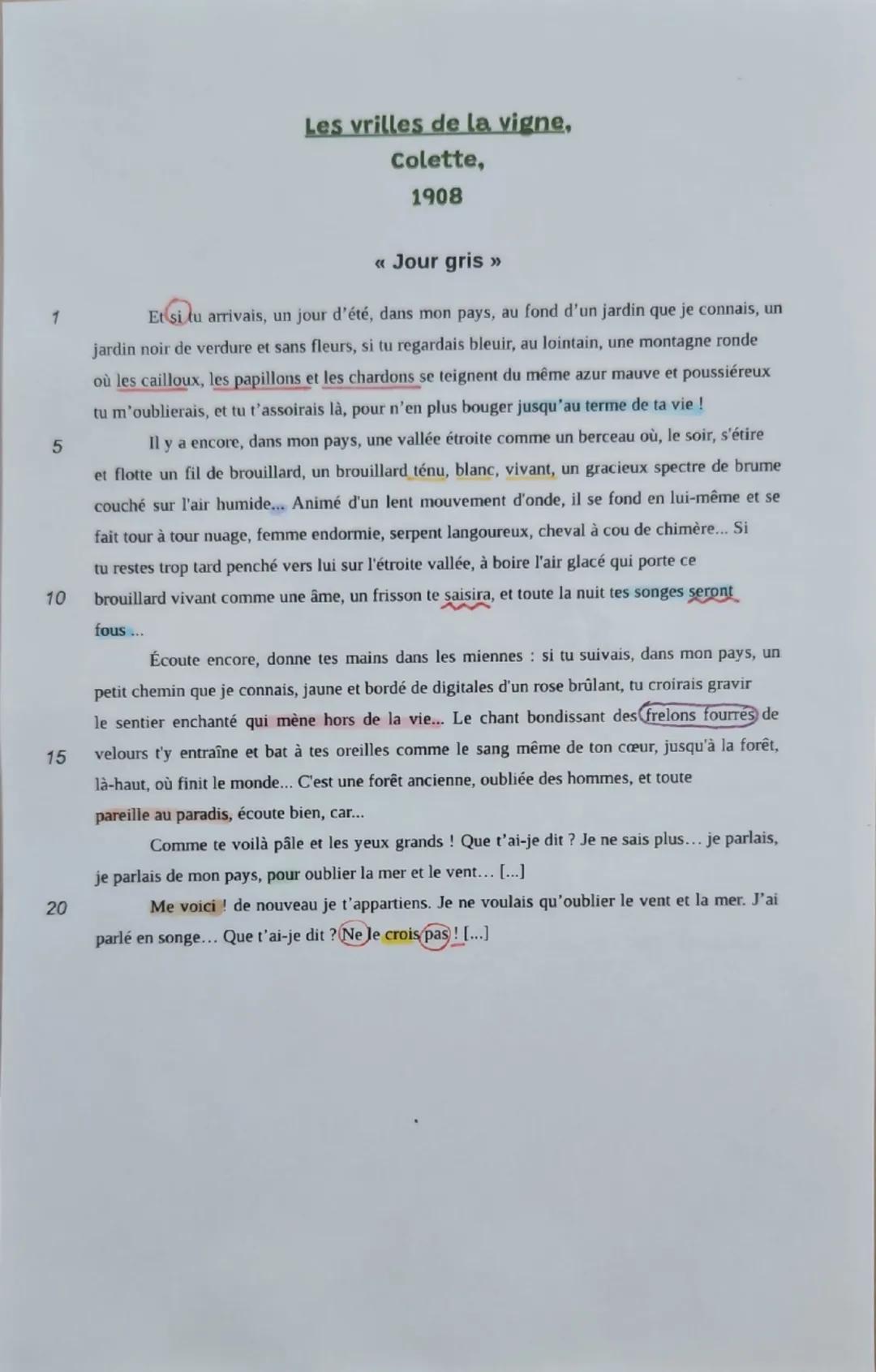 Les vrilles de la vigne,
Colette,
1908
<< Jour gris >>
1
5
10
15
20
Et si tu arrivais, un jour d'été, dans mon pays, au fond d'un jardin que