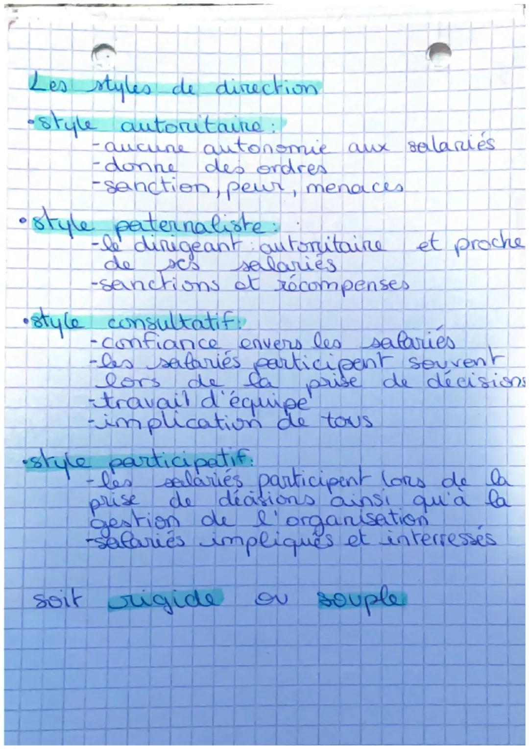 Les styles de direction.

•style autoritaire:
- aucune autonomie aux salariés
- donne des ordres
- sanction, peur, menaces

•style paternali
