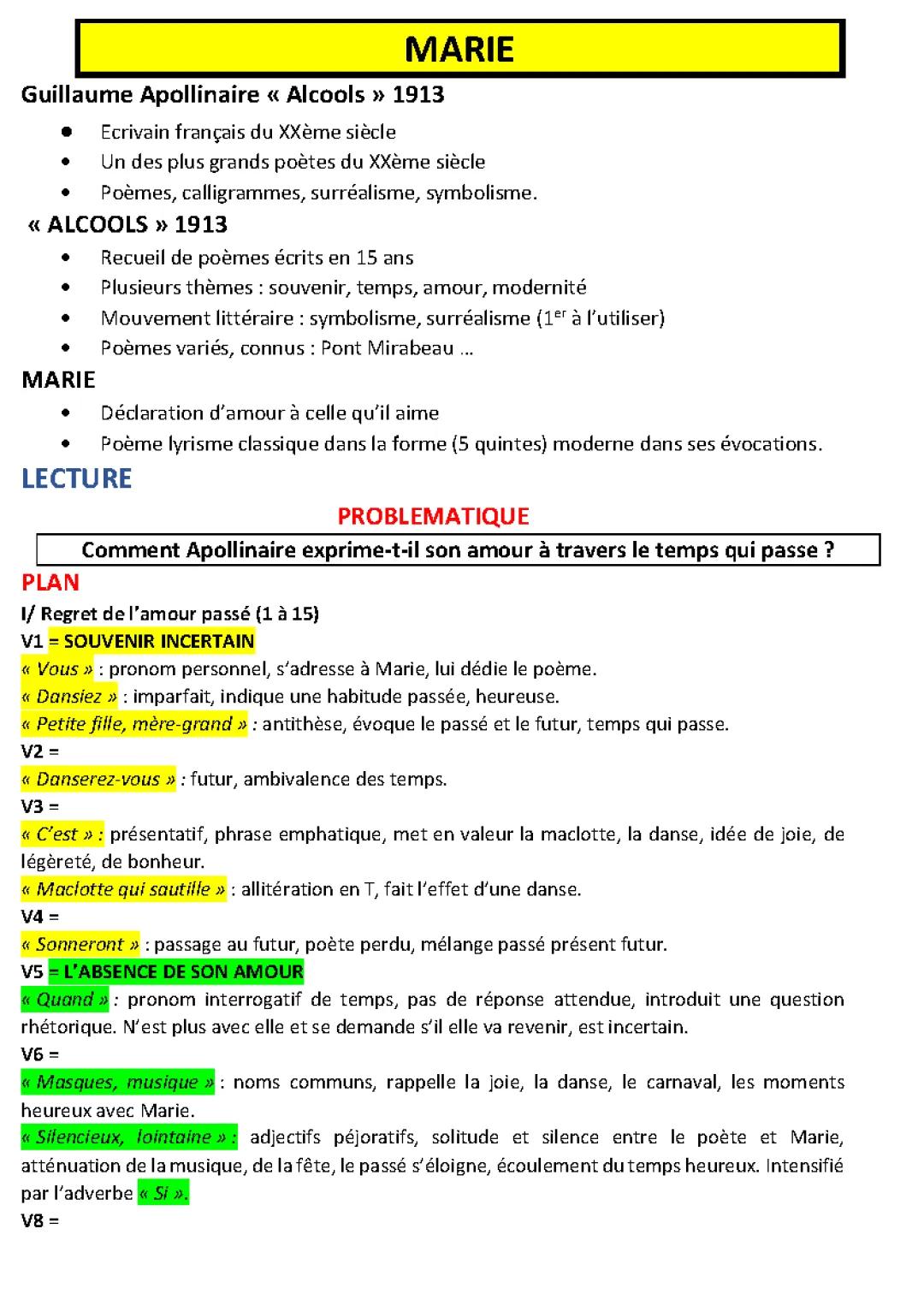 Marie Apollinaire PDF - Analyse des poèmes d'Apollinaire : Automne, Mai, Un soir