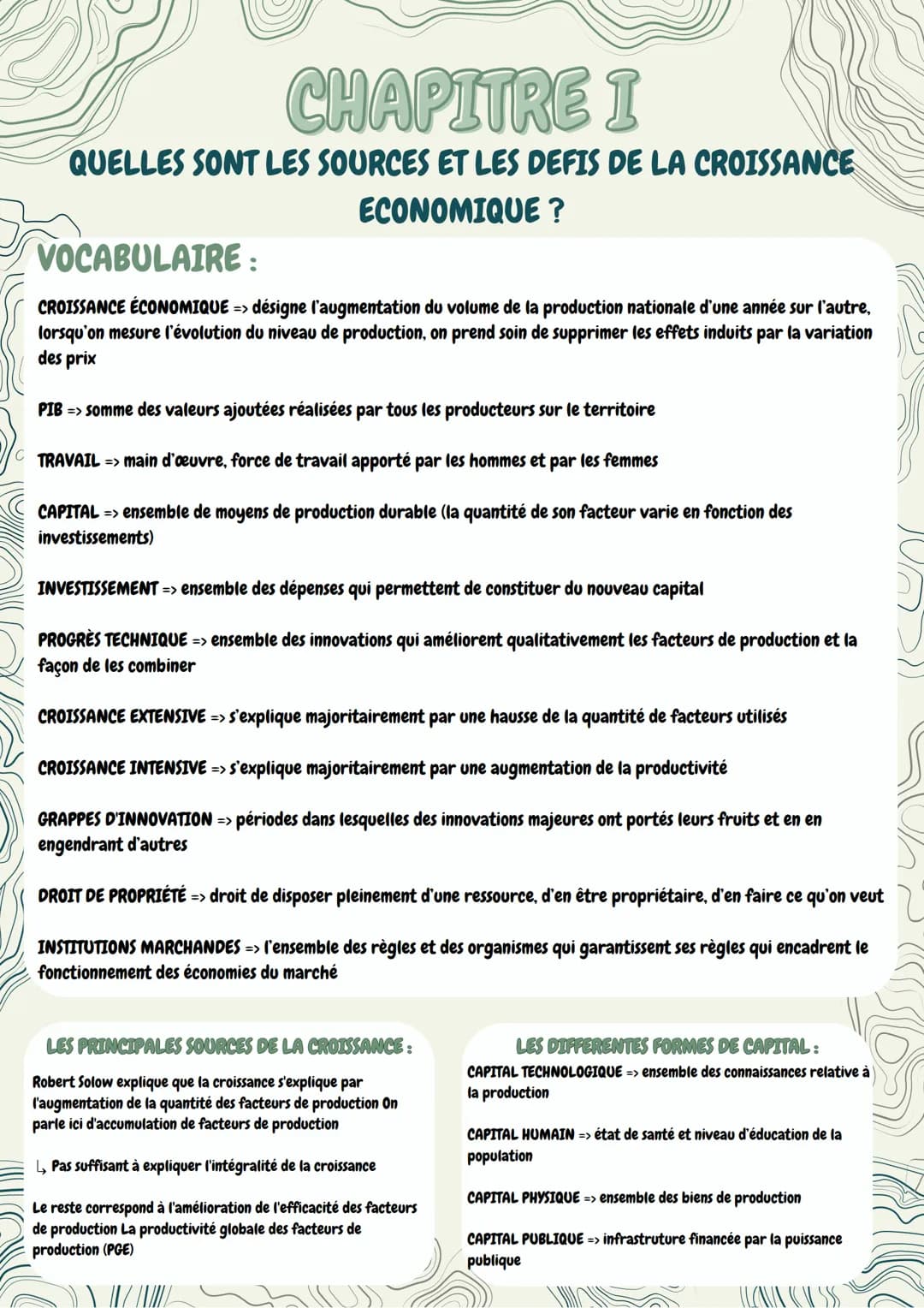 C
CHAPITRE I
QUELLES SONT LES SOURCES ET LES DEFIS DE LA CROISSANCE
ECONOMIQUE ?
VOCABULAIRE :
CROISSANCE ÉCONOMIQUE => désigne l'augmentati