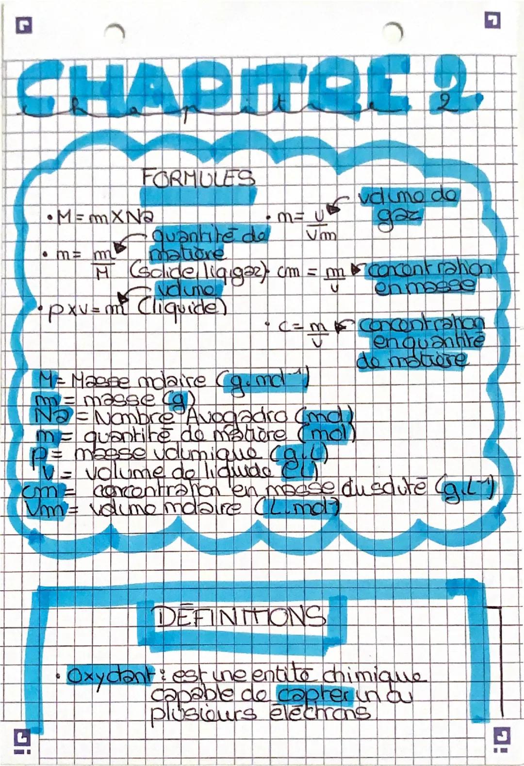 G
CHARITOER
FORMULES
Quantité de Vmm
•M=mxNa
• m = m
matore
Ndume
M (sclide ligigaz) cm = m concentration
• pxv=m² (liquide)
M= U
vamo do
ga