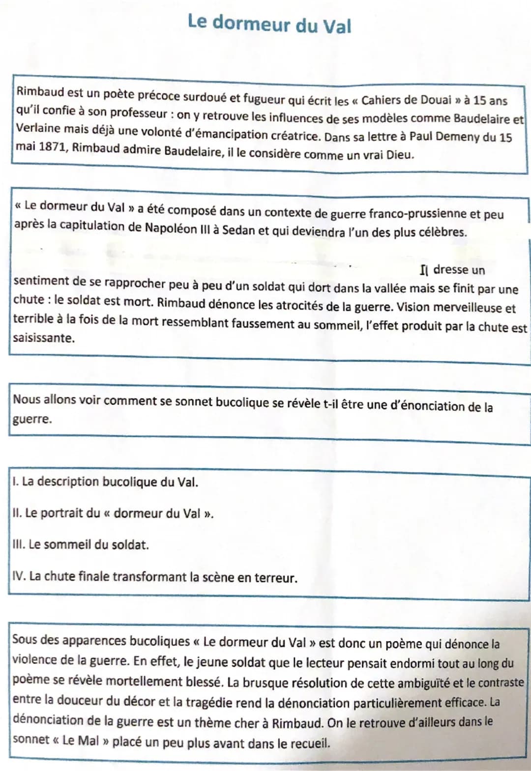 Le dormeur du Val
Rimbaud est un poète précoce surdoué et fugueur qui écrit les «< Cahiers de Douai »> à 15 ans
qu'il confie à son professeu
