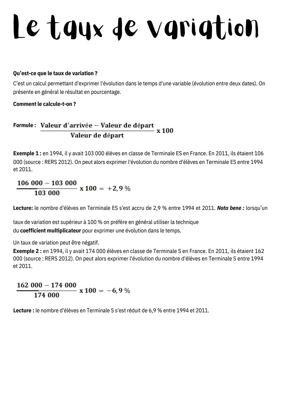 Le taux de variation
Qu'est-ce que le taux de variation ?
C'est un calcul permettant d'exprimer l'évolution dans le temps d'une variable (év