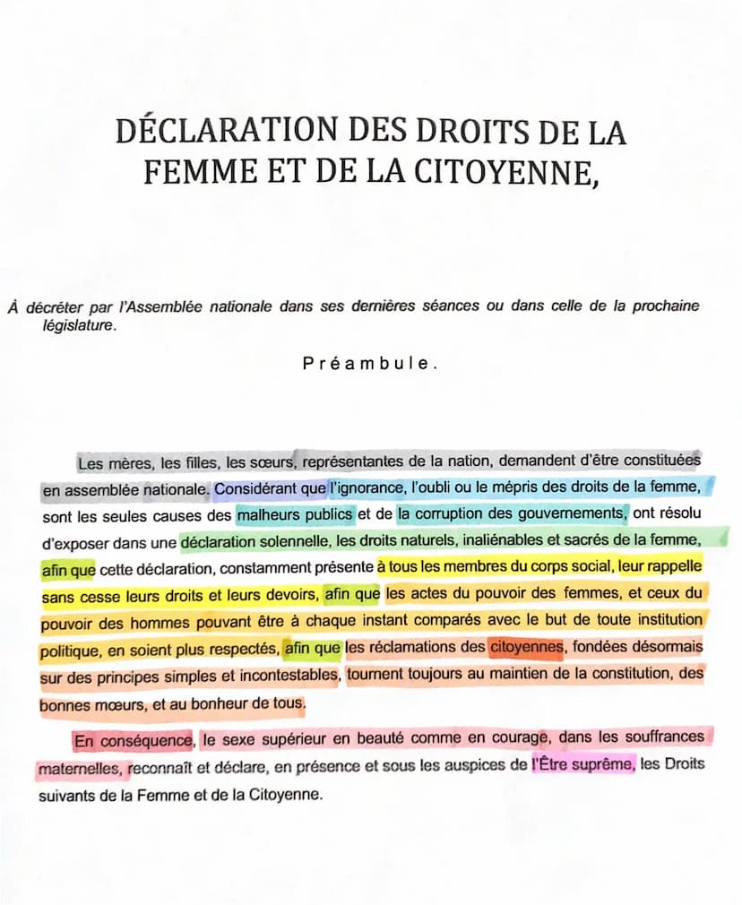 teate 1
-préambule
Olympe de Gouges
Déclaration des Droits de la femme et de
la Citoyenne
INTRO: Olympe de Gouges née dans la 2ª moitié
du g