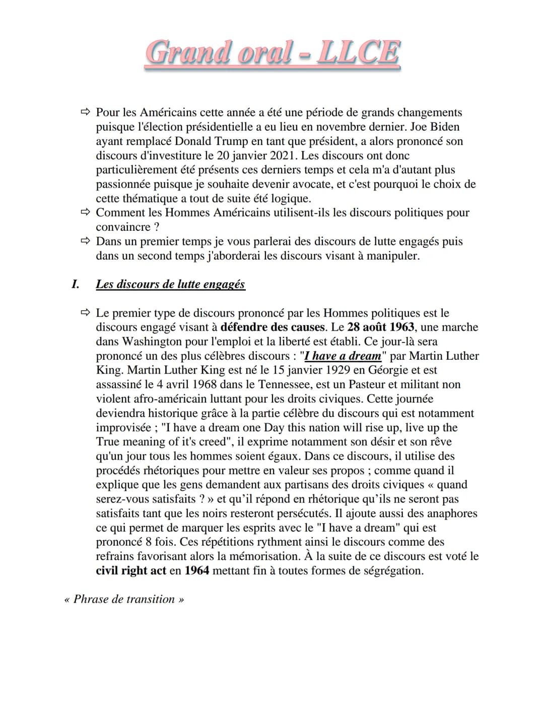 I.
Grand oral-LLCE
Pour les Américains cette année a été une période de grands changements
puisque l'élection présidentielle a eu lieu en no