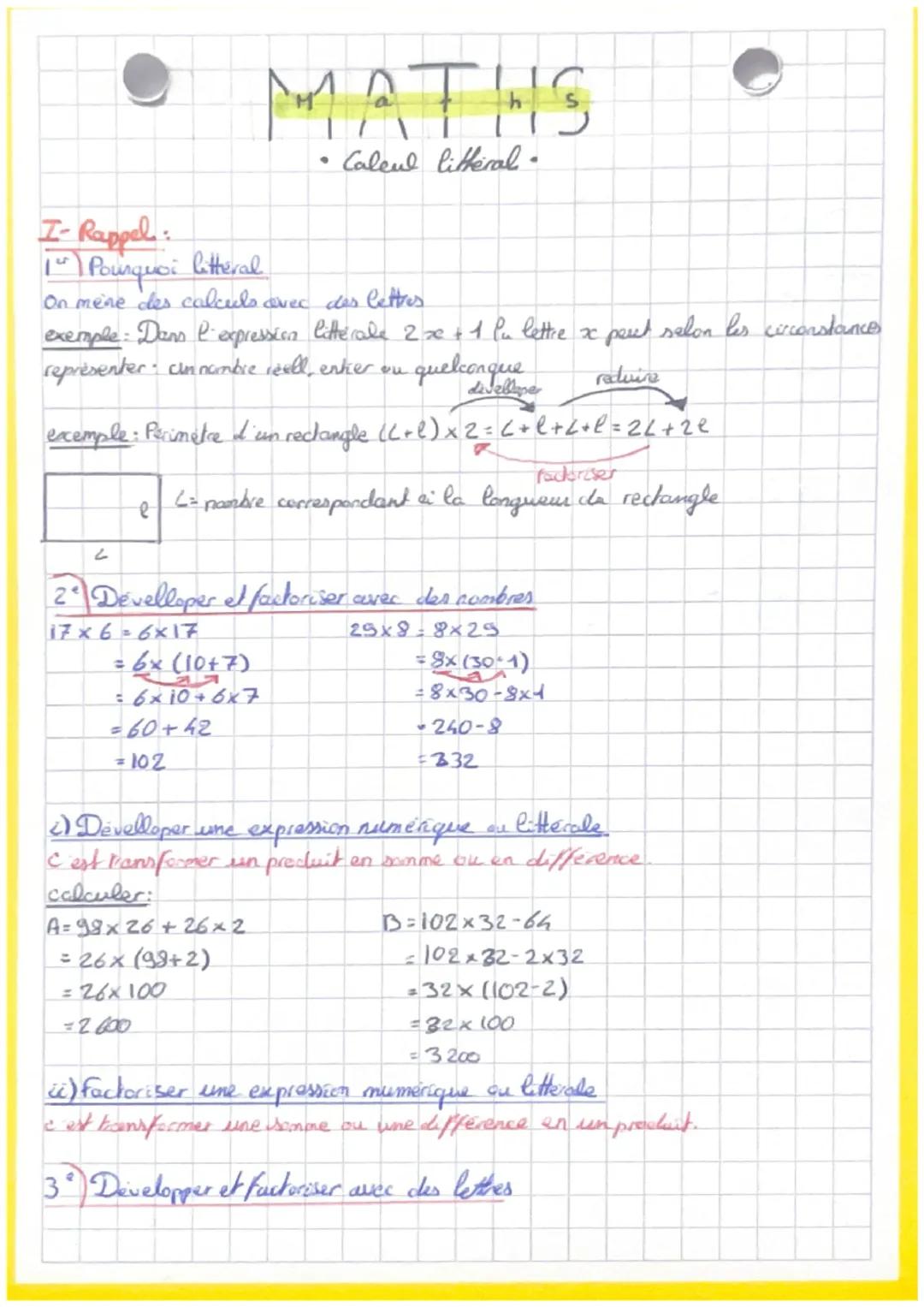 # MATHS

• Caleul littéral.

I- Rappel:

1 Pourquoi litteral

On mene des calculs avec des lettres.

exemple: Dans l'expression littérale 2 