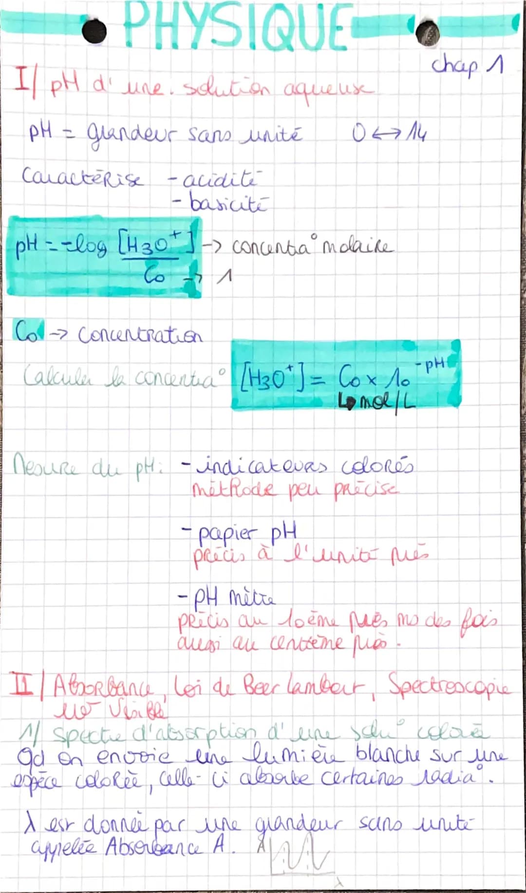 PH, loi de béer Lambert spectro