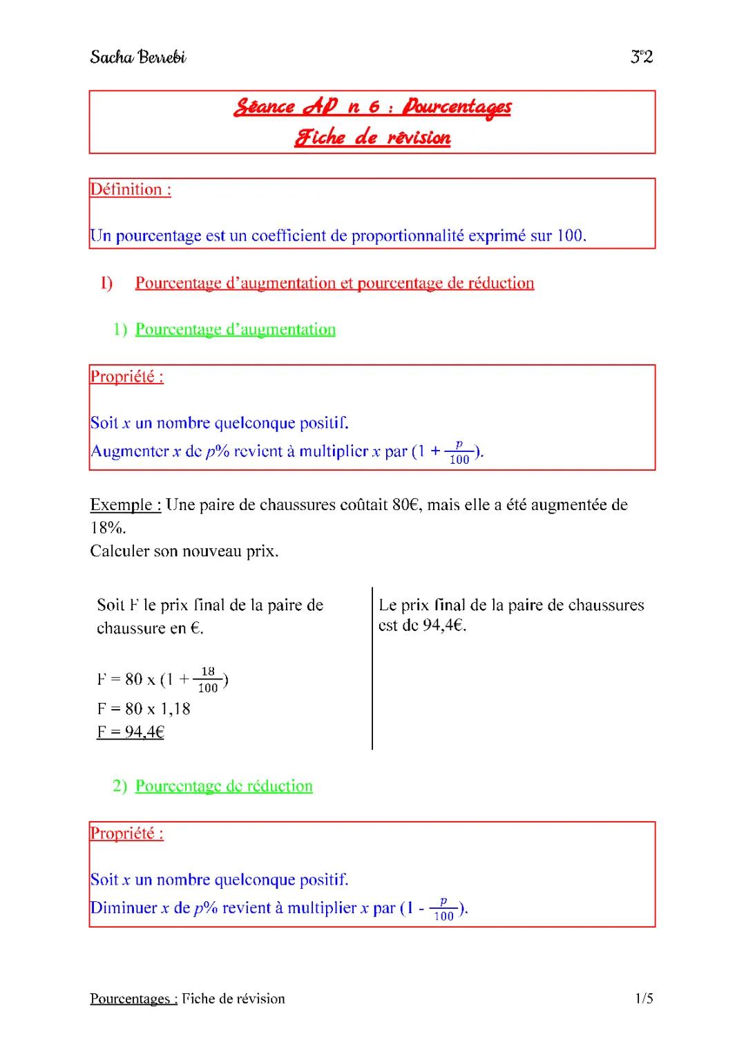 Cours et Exos Sur les Pourcentages - 3ème, 4ème, 5ème et 6ème