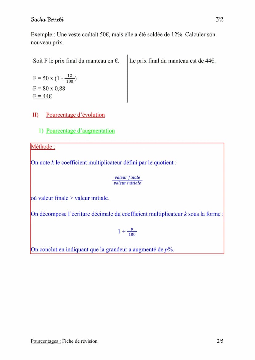 Sacha Berrebi
Définition:
Un pourcentage est un coefficient de proportionnalité exprimé sur 100.
I) Pourcentage d'augmentation et pourcentag