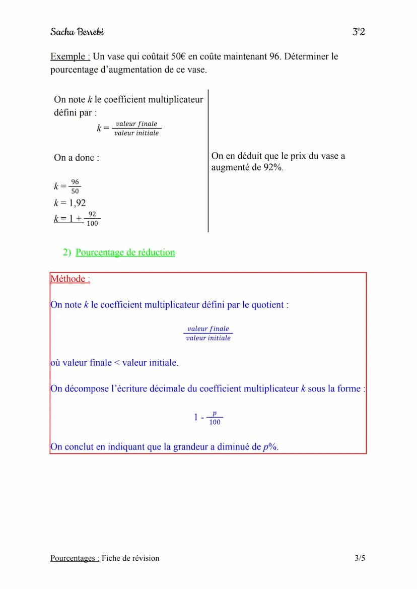 Sacha Berrebi
Définition:
Un pourcentage est un coefficient de proportionnalité exprimé sur 100.
I) Pourcentage d'augmentation et pourcentag