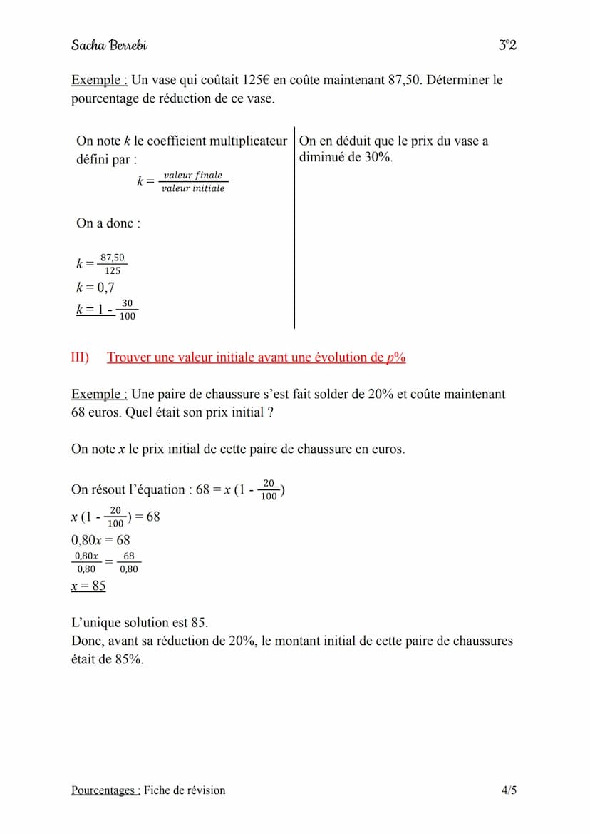 Sacha Berrebi
Définition:
Un pourcentage est un coefficient de proportionnalité exprimé sur 100.
I) Pourcentage d'augmentation et pourcentag