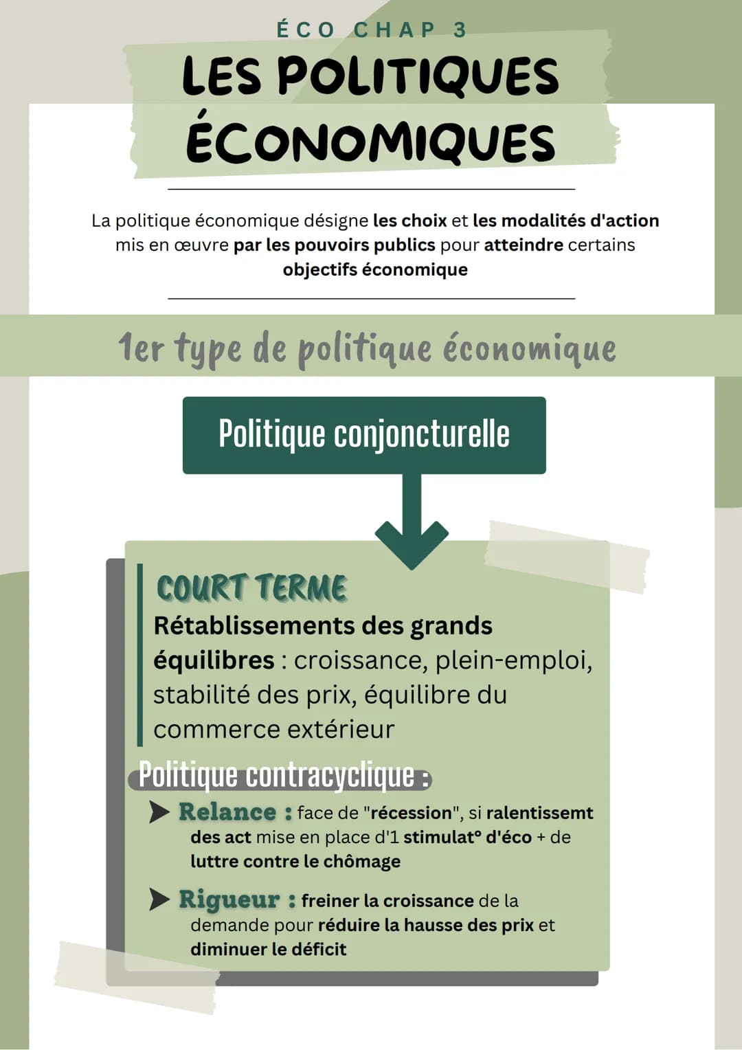 ÉCO CHAP 3
LES POLITIQUES
ÉCONOMIQUES
La politique économique désigne les choix et les modalités d'action
mis en œuvre par les pouvoirs publ
