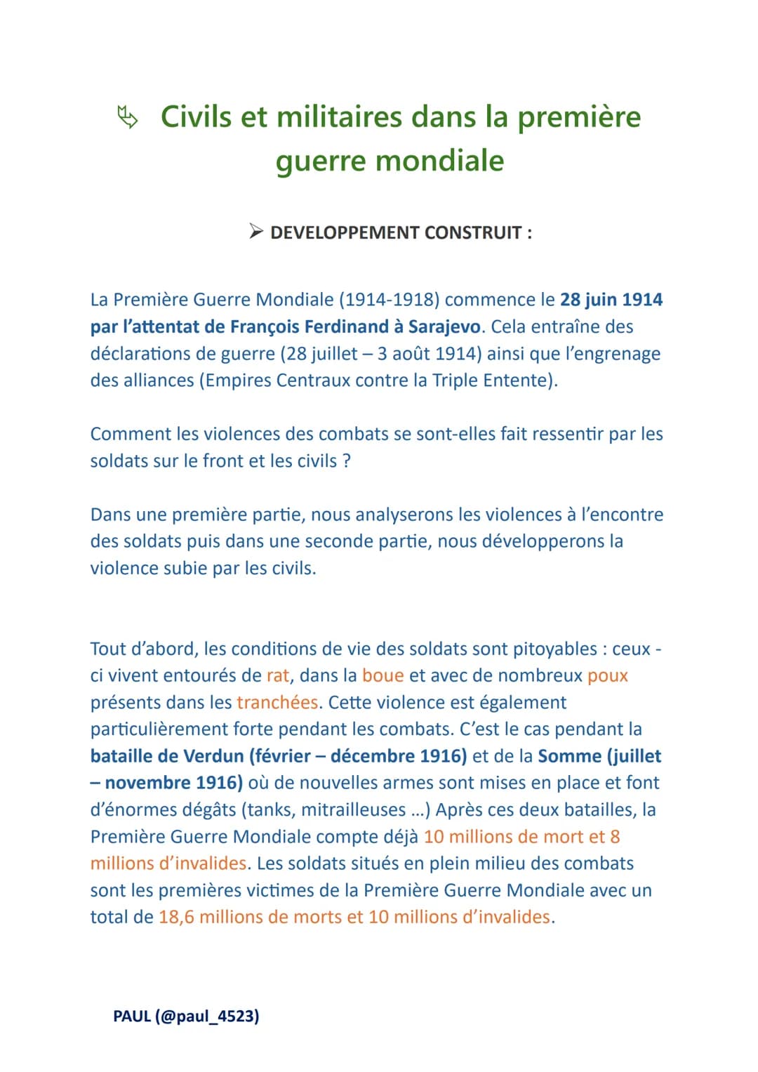 Civils et militaires dans la première
guerre mondiale
DEVELOPPEMENT CONSTRUIT:
La Première Guerre Mondiale (1914-1918) commence le 28 juin 1