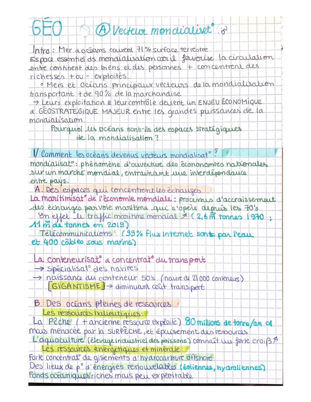 # GÉO A Vecteur mondialiset

Intro: Mer a oceans courent 71% surface terrestre
Espace essentiel ds mondialisation car il favorise la circula