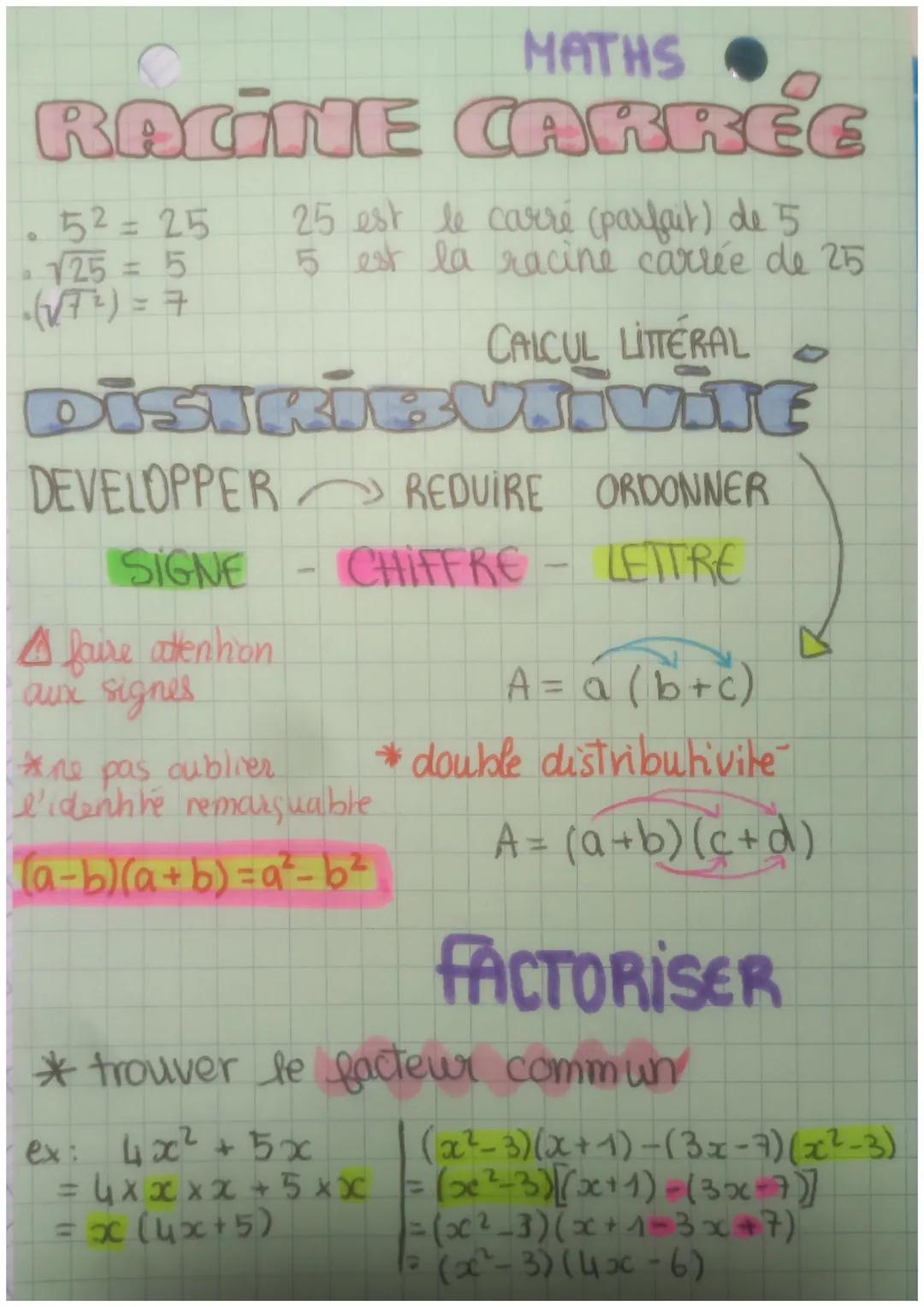 # MATHS

# RACINE CARRÉE

*   52=25 25 est le carré (parfait) de 5
*   √25 = 5 5 est la racine carrée de 25
*   (√72)=7

# DISTRIBUTIVITE

C