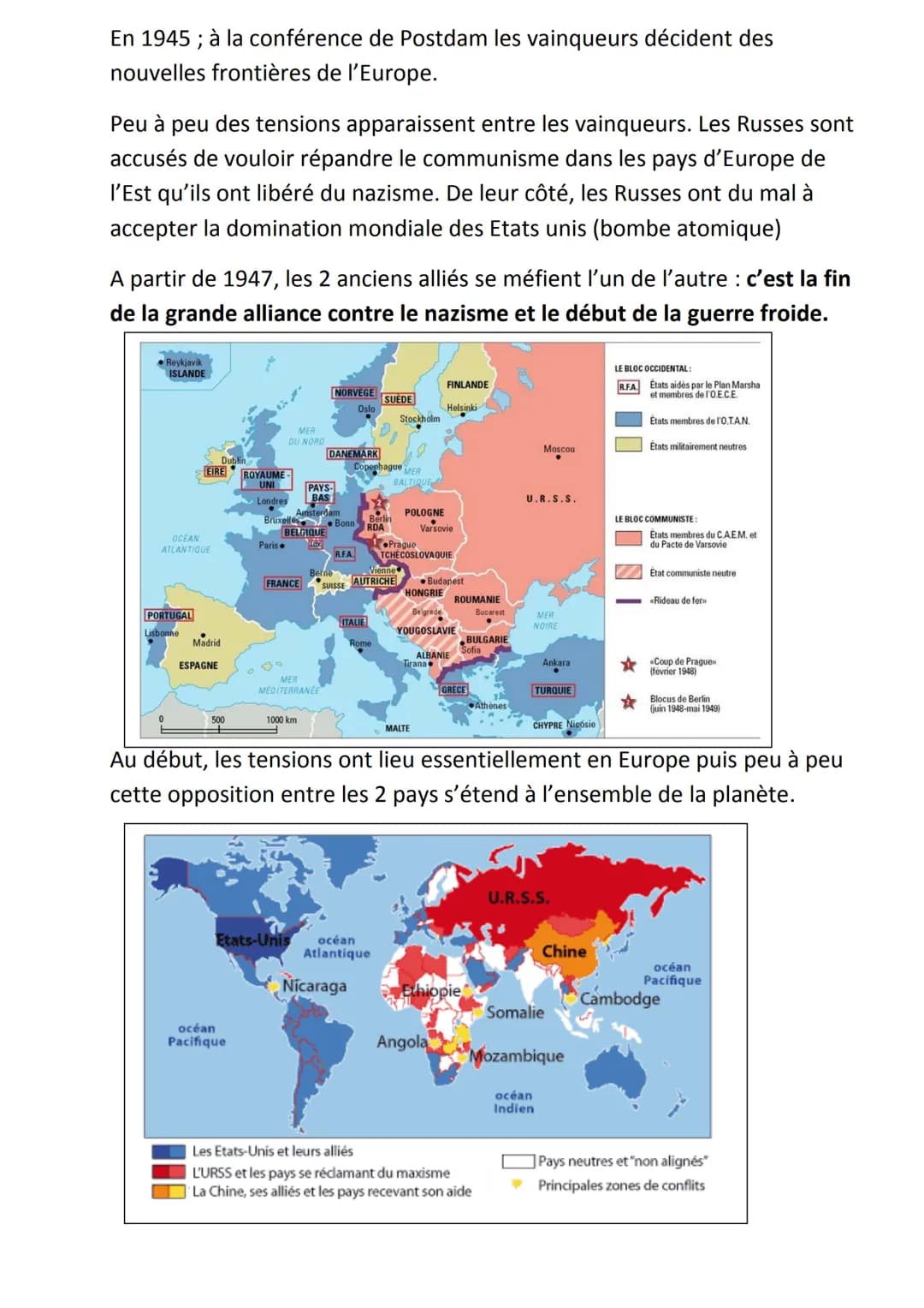 Chapitre d'HISTOIRE : LA GUERRE FROIDE
En 1945, la création de l'ONU a pour but d'empêcher une nouvelle guerre
mondiale .Mais on assiste aus
