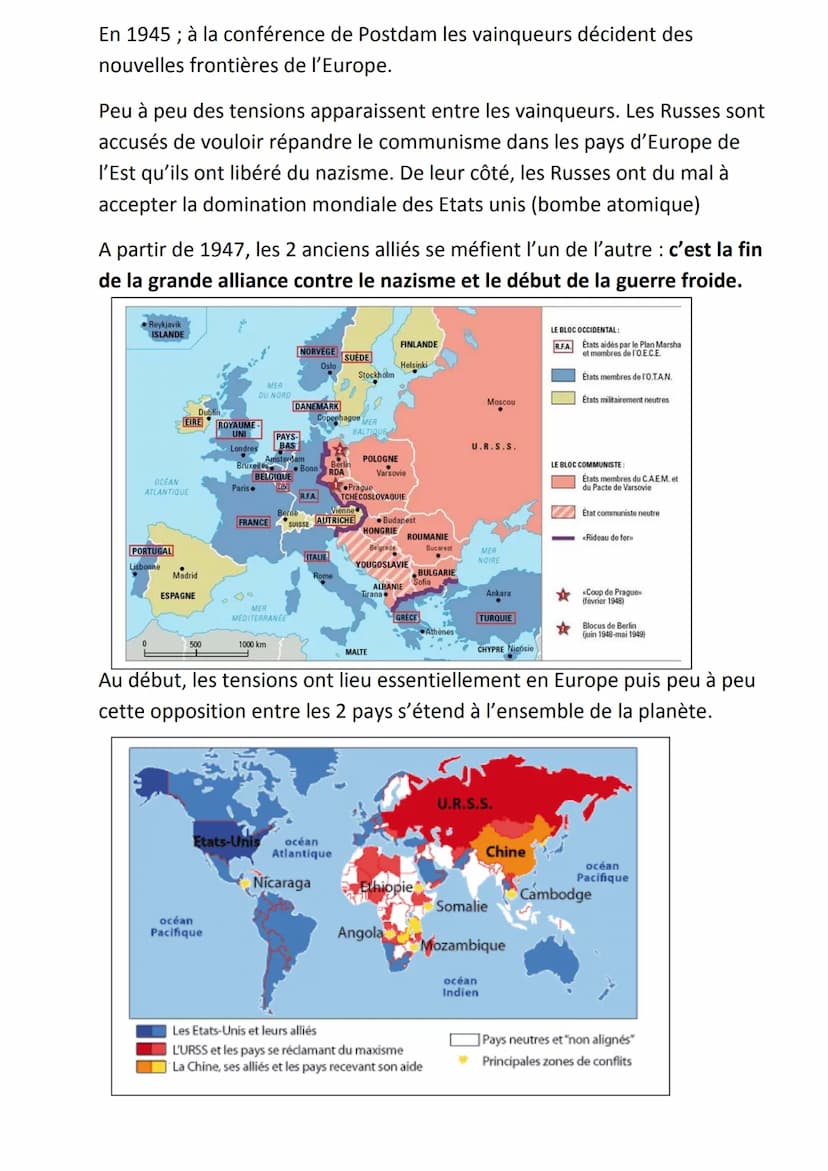 Chapitre d'HISTOIRE : LA GUERRE FROIDE
En 1945, la création de l'ONU a pour but d'empêcher une nouvelle guerre
mondiale .Mais on assiste aus