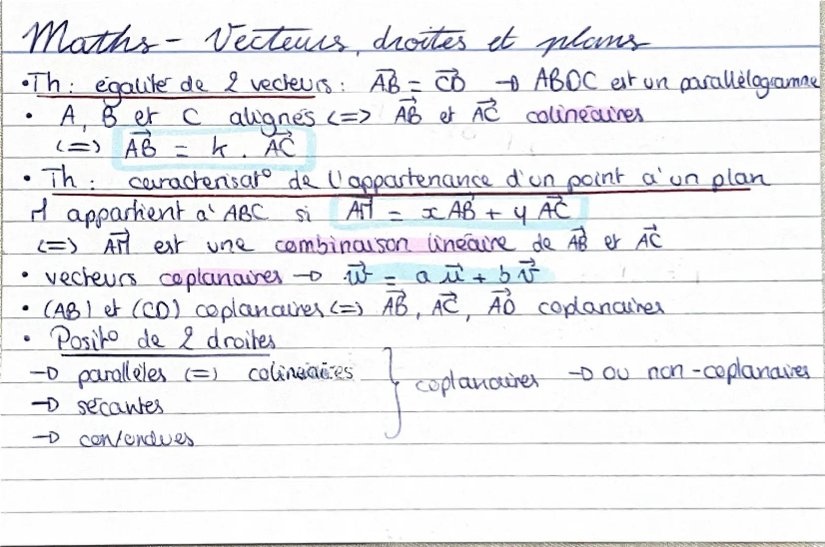 1) Vecheurs
Vecteurs, droites et plans de
Vespace
•Th: égalité de drawn vecteurs.
$\overline{AB} = \overline{CD}$ <=> ABOC est un parallelog