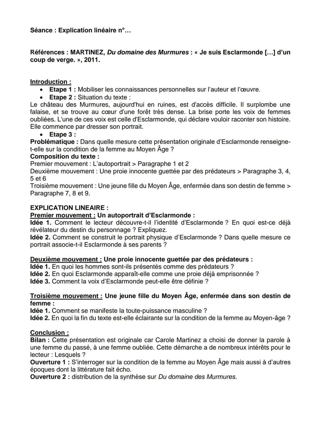 Séance: Explication linéaire nº...
Références : MARTINEZ, Du domaine des Murmures : « Je suis Esclarmonde [...] d'un
coup de verge. »>, 2011