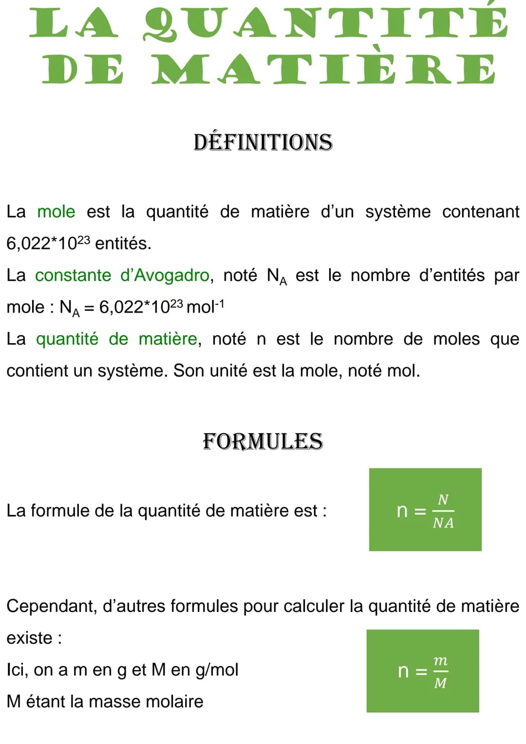 LA QUANTITE
DE MATIÈRE
DÉFINITIONS
La mole est la quantité de matière d'un système contenant
6,022*1023 entités.
La constante d'Avogadro, no