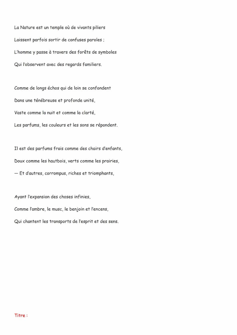 
<p>Le sonnet que nous allons étudier aujourd'hui se nomme « Correspondances » et a été écrit par le poète Charles Baudelaire dans son recue