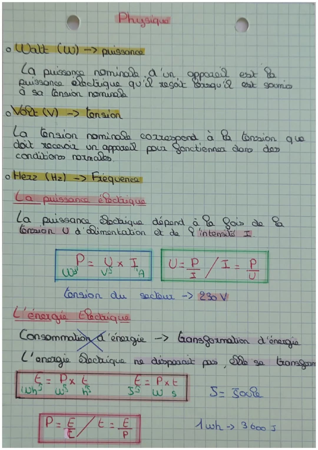 。 Watt (w) -> puissance
La puissance nominale d'un appareil est la
Quissance électrique qu'il resoit Orsqu'il est soumis
à sa tension nomina