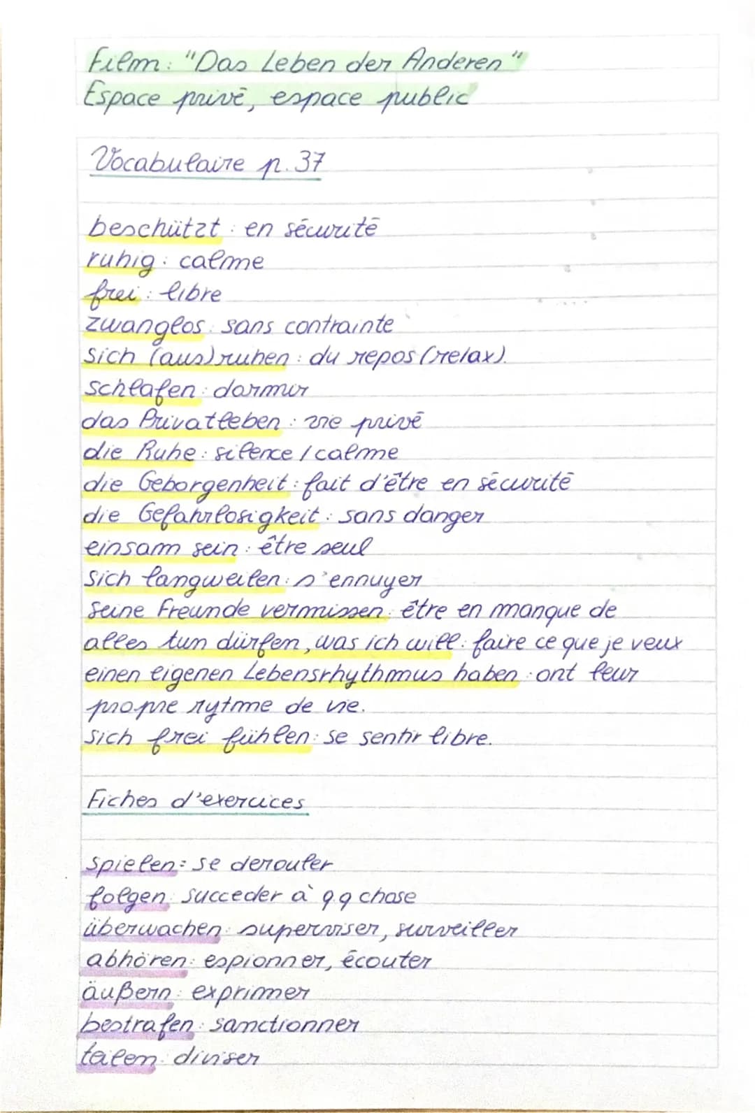 Film: "Das Leben der Anderen"
Espace privé, espace public.
Vocabulaire p. 37
beschützt: en sécurité
ruhig: calme
frei: libre
zwanglos sans c