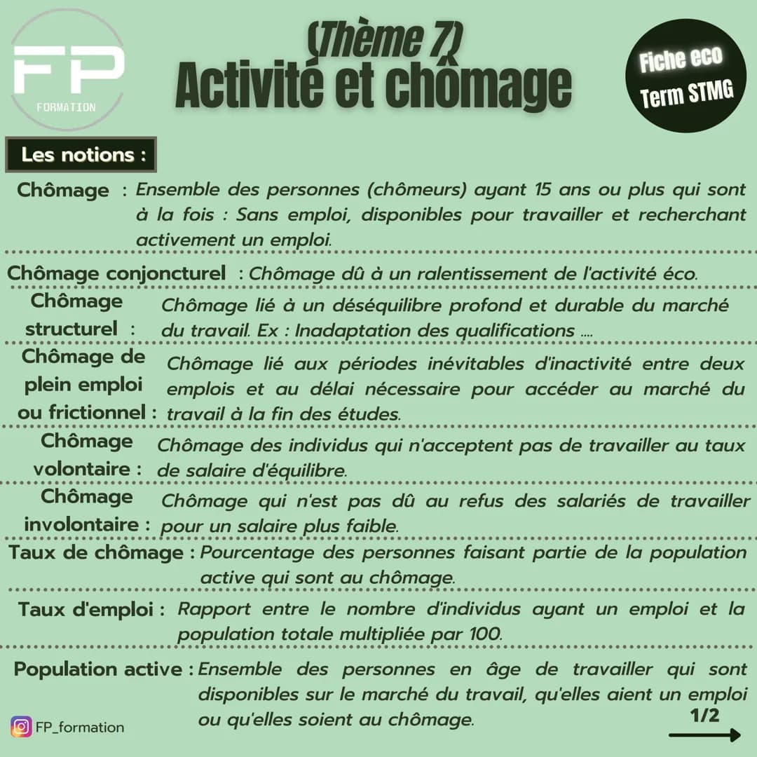 (Thème 7
FP Activité et chômage
FORMATION
Fiche eco
Term STMG
Les notions :
Chômage : Ensemble des personnes (chômeurs) ayant 15 ans ou plus