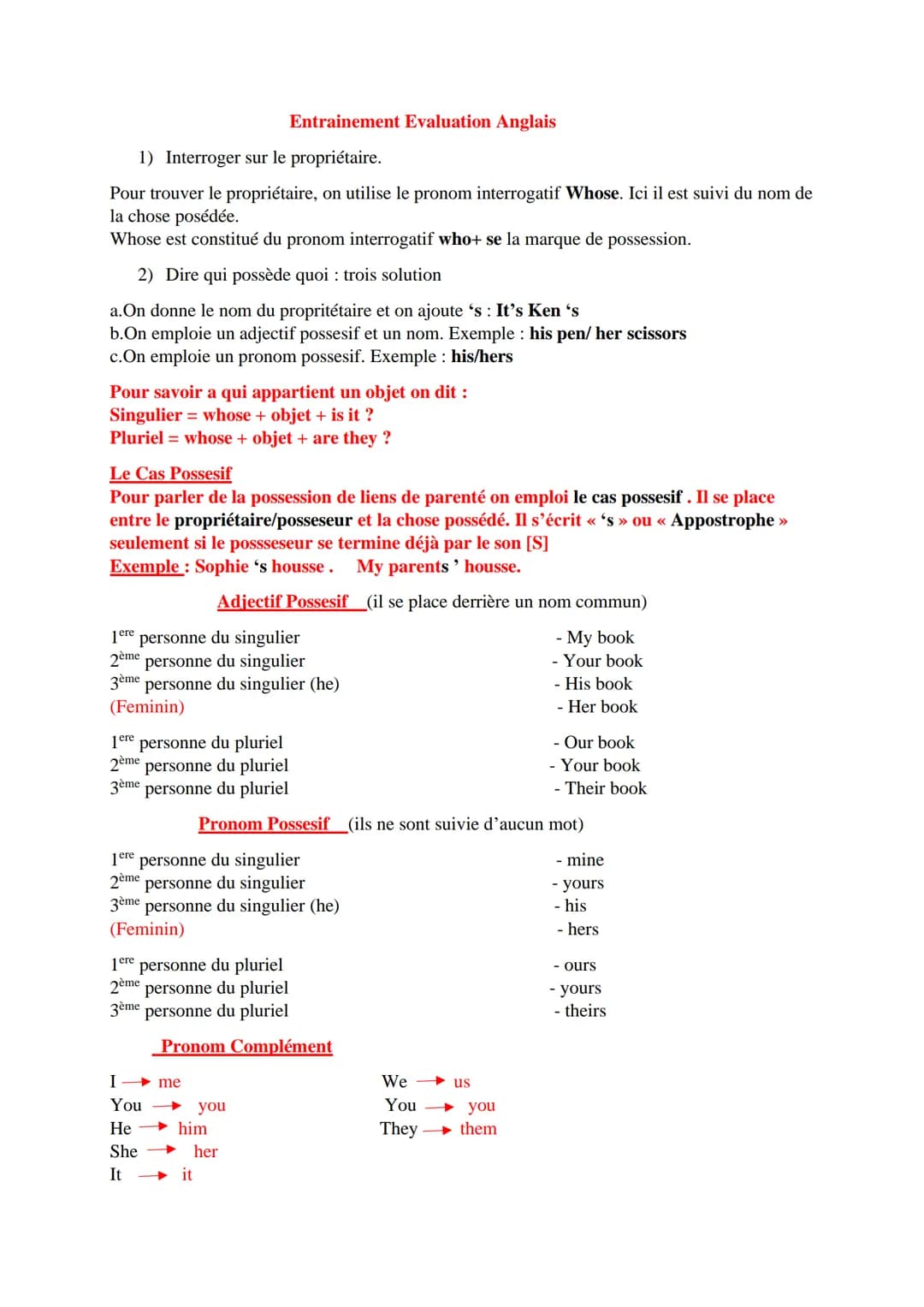 1) Interroger sur le propriétaire.
Pour trouver le propriétaire, on utilise le pronom interrogatif Whose. Ici il est suivi du nom de
la chos