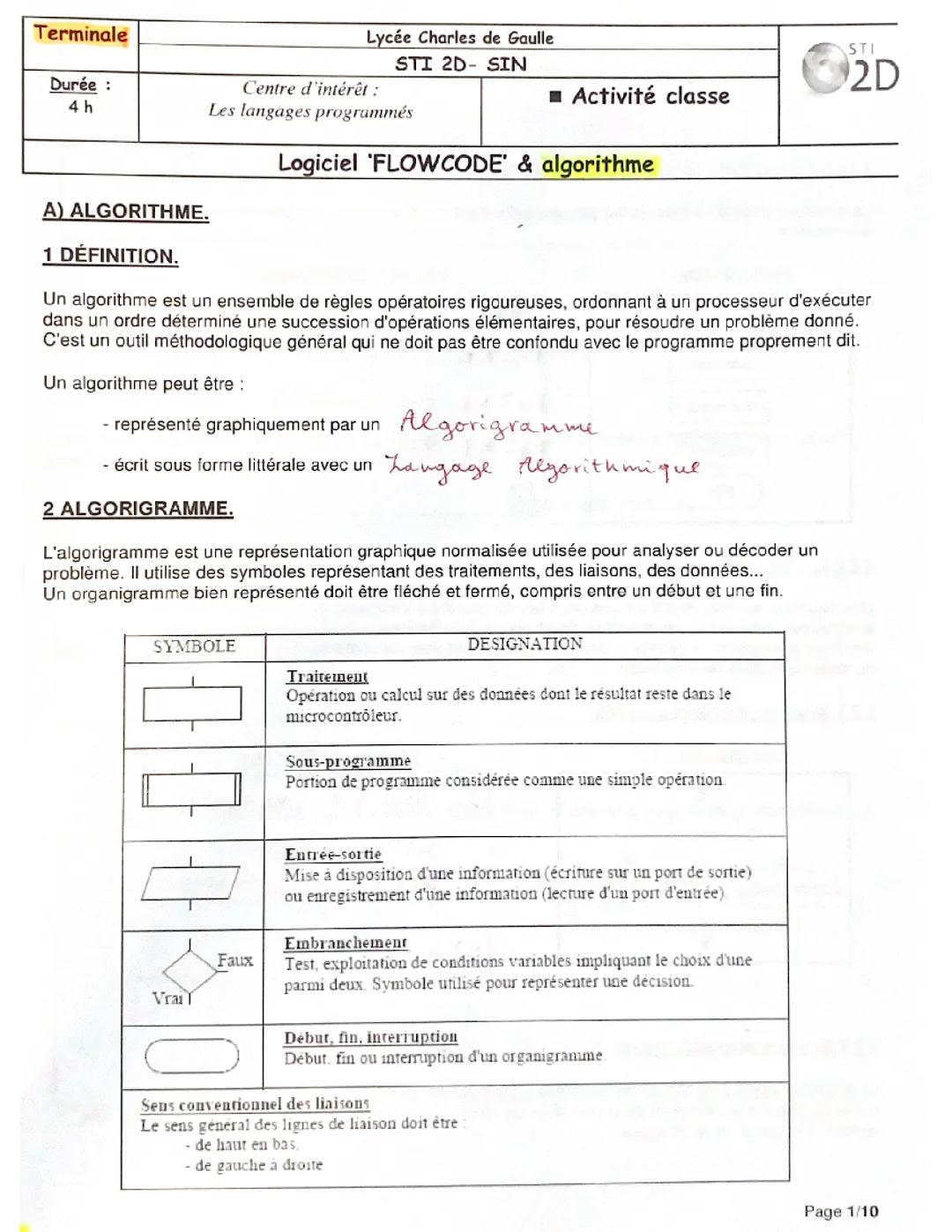 Terminale STI2D FlowCode & Algorithme Cours