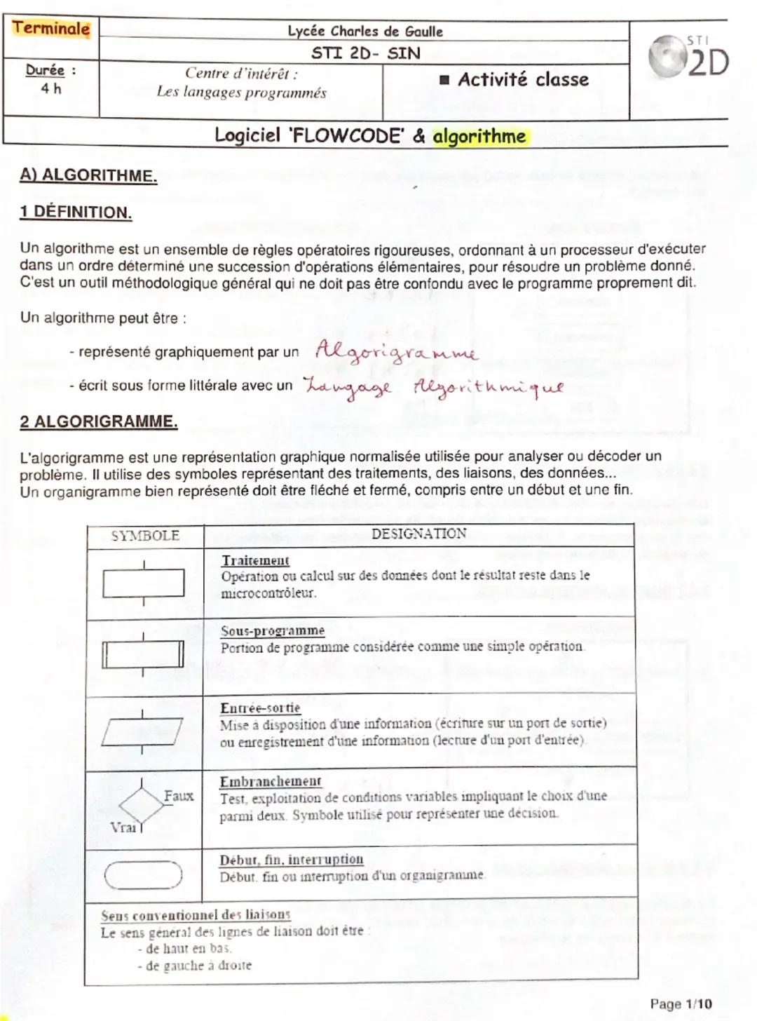 Terminale
Durée:
Lycée Charles de Gaulle
STI
STI 2D-SIN
4 h
Centre d'intérêt :
Les langages programmés
2D
■ Activité classe
Logiciel 'FLOWCO