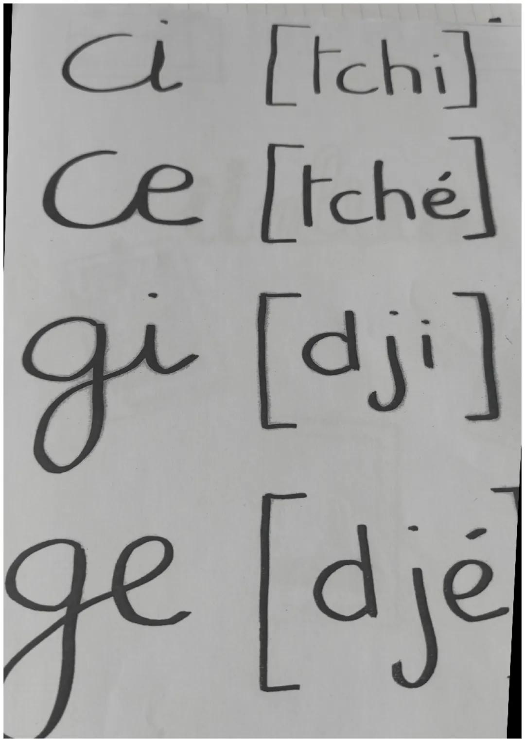 chi [Ki]
Che [Ke]
ghi [gui]
ghe [que ci [tchi]
ce [tché]
gi [dji]
ge [djé