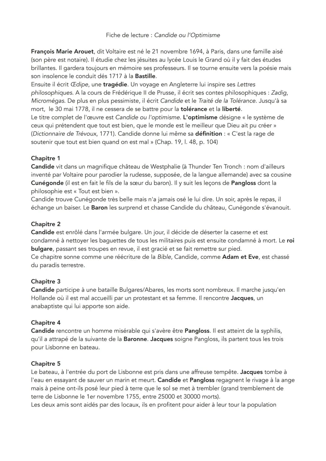 Fiche de lecture Candide PDF - Résumés et Thèmes de Candide Voltaire