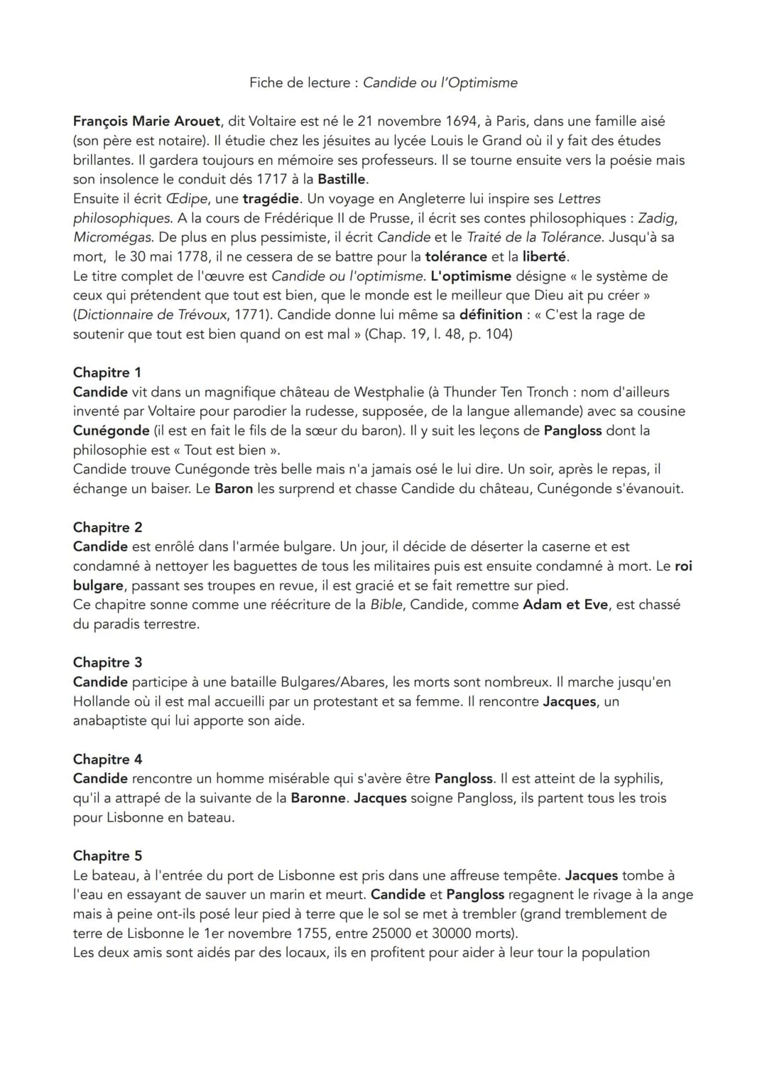 Fiche de lecture: Candide ou l'Optimisme
François Marie Arouet, dit Voltaire est né le 21 novembre 1694, à Paris, dans une famille aisé
(son