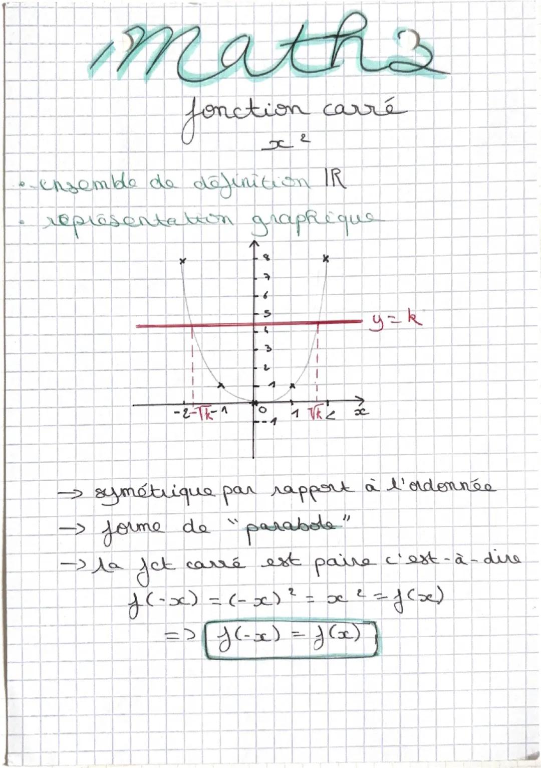 Maths
fonction carré
$x^2$
- ensemble de définition IR
- représentation graphique
8
X
X
7
6
5
4
y=k
3
2
1
-2 -√k -1 0 1 √k 2 x
→ symétrique 