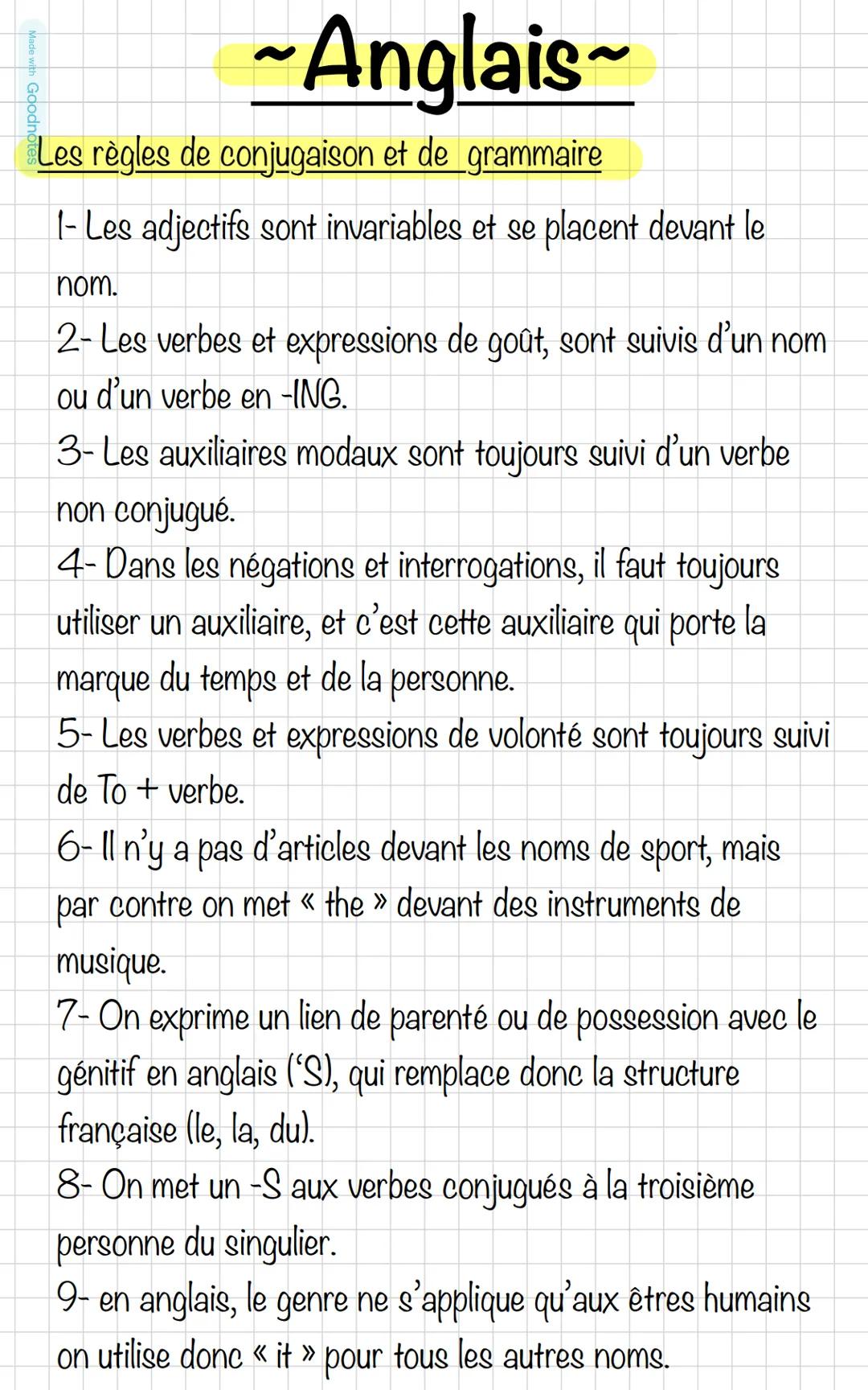 ~Anglais~
Les règles de conjugaison et de grammaire
1- Les adjectifs sont invariables et se placent devant le
nom.
2-Les verbes et expressio