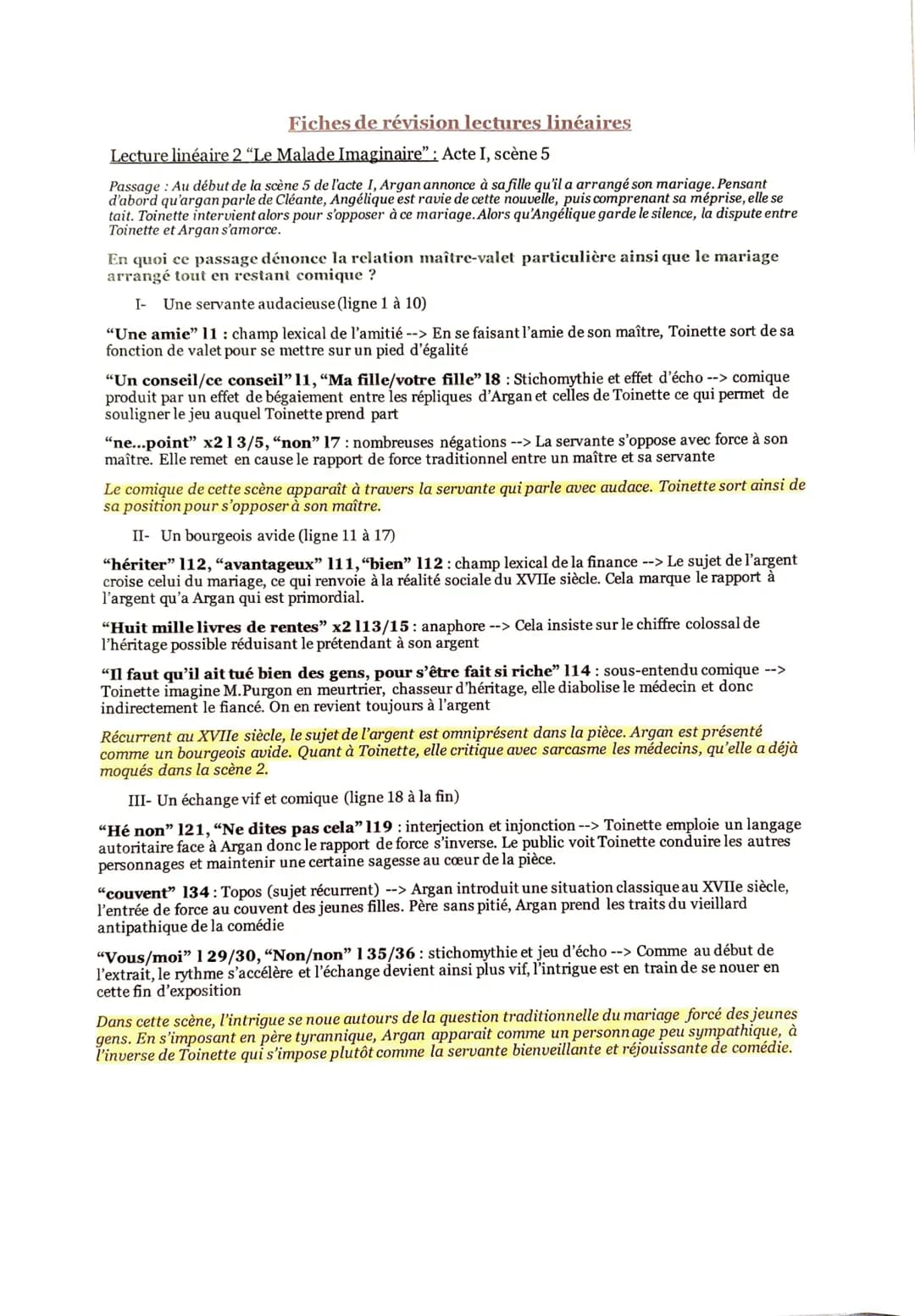 Fiches de révision lectures linéaires
Lecture linéaire 2 "Le Malade Imaginaire": Acte I, scène 5
Passage : Au début de la scène 5 de l'acte 