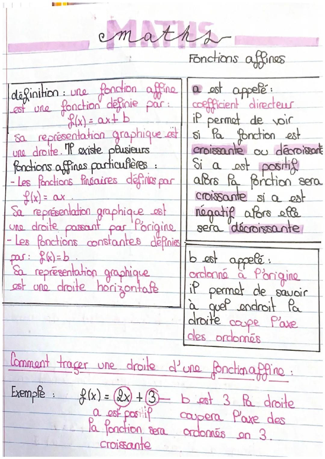# maths

Fonctions affines

définition: une fonction affine a est appelé:
est une fonction definie par: coefficient directeur
$f(x) = ax+ b$