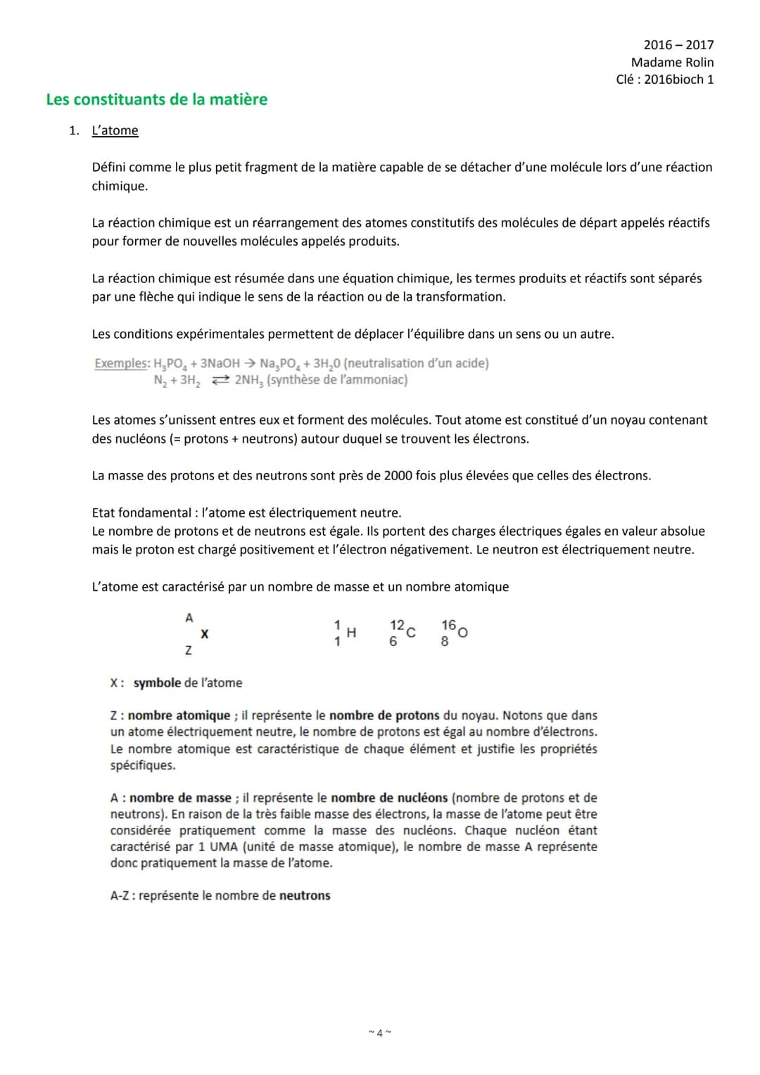 1)
2)
3)
Organisation de l'intro de Biochimie
Introduction (p. 1)
Les constituants de la matière (p. 4)
2.1 L'atome (p. 4)
2.2 Les isotopes 