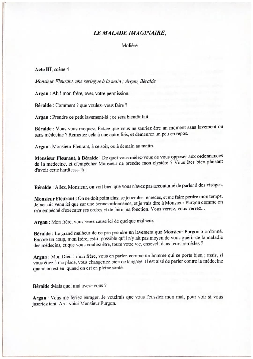Acte 3 scène 4 Le Malade imaginaire : Analyse et Résumé