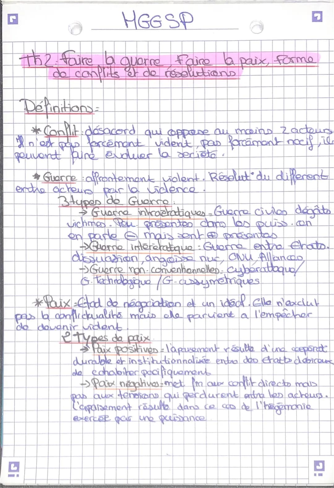 r
HGG SP
Th 2 faire la guerre Faire
Faire la paix, forme
do conflits et de résolutions
Définitions=
*Conflit désacord qui coppose au moins 2