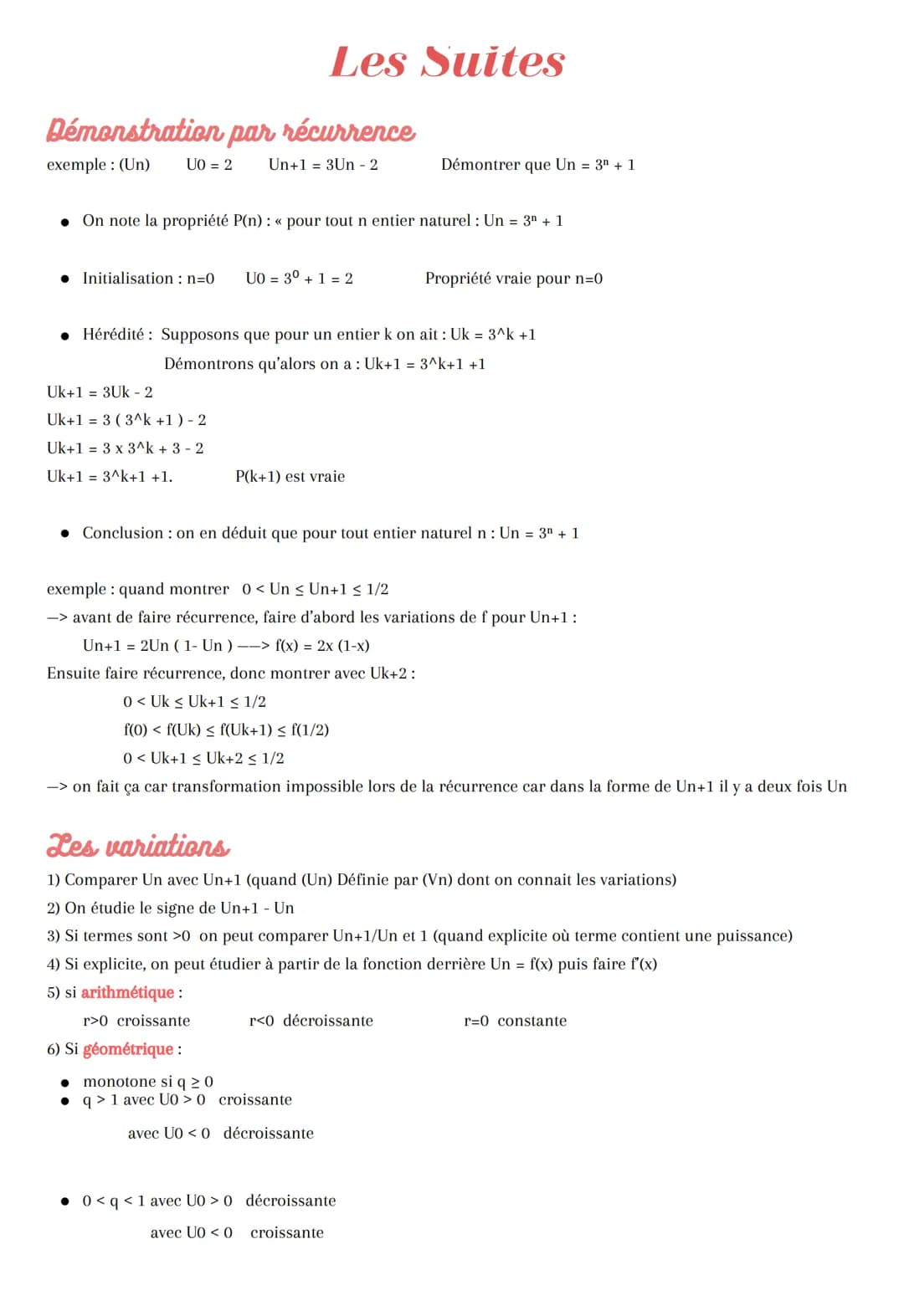 Démonstration par récurrence
exemple: (Un) UO = 2
Un+1 = 3Un - 2
• On note la propriété P(n) : « pour tout n entier naturel : Un = 3 + 1
Ini