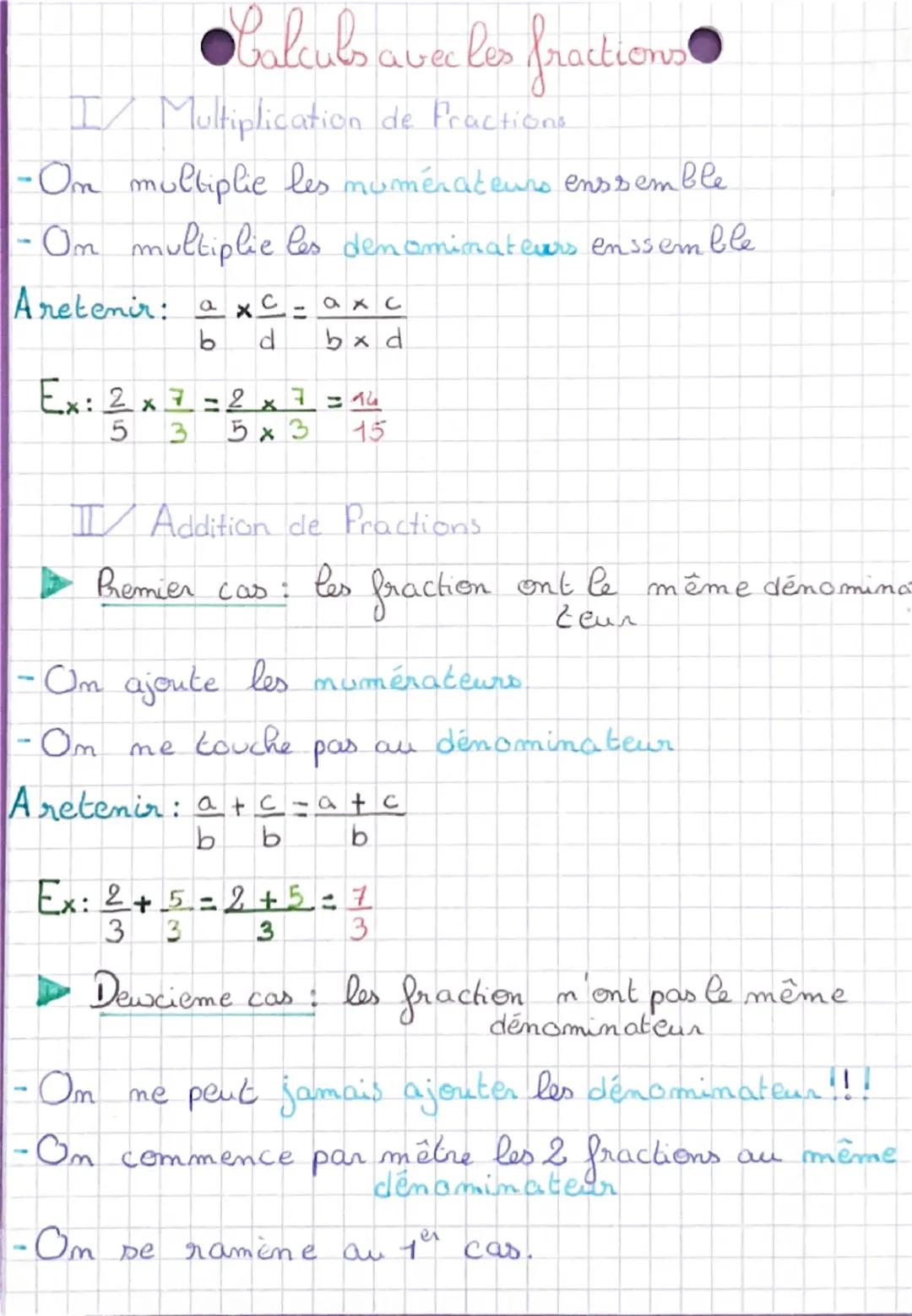 # Calculs avec les fractions

I Multiplication de Fractions

-Om multiplie les muménateurs enssemble.

-On multiplie les denominateurs ensse