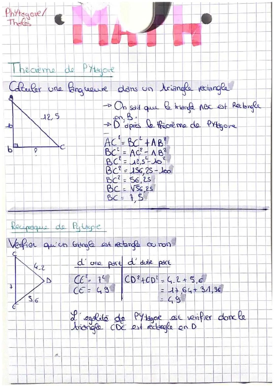 Comment savoir si un triangle est rectangle et utiliser le théorème de Thalès et Pythagore