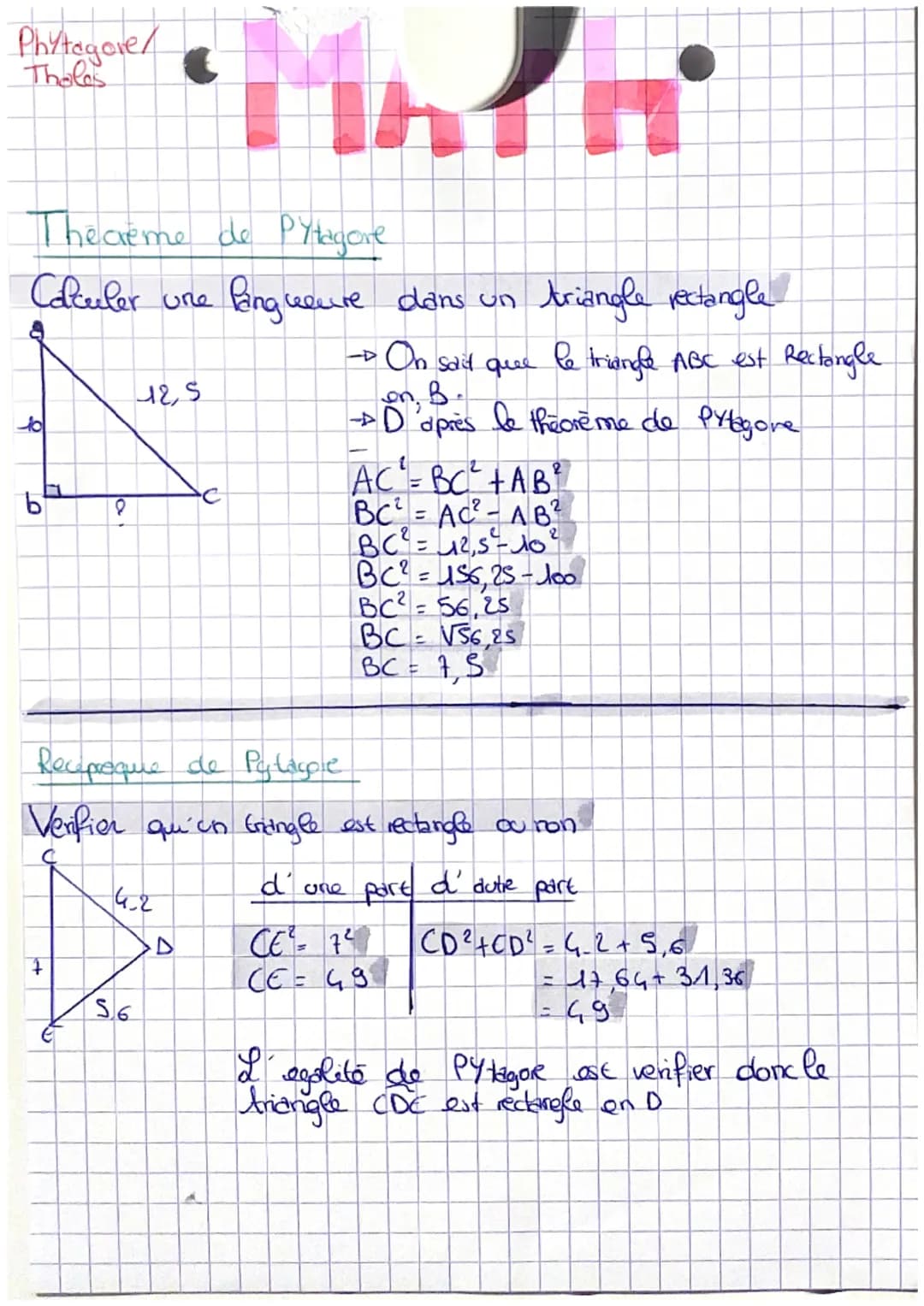 Phytagore/
Tholes
Thecreme de Pytagore
Calculer une
to
LO
b
8
7
18,5
42
S6
MAR
A
Pangueure dans un
Reciproque de Pylaype
Verifier qu'on trin