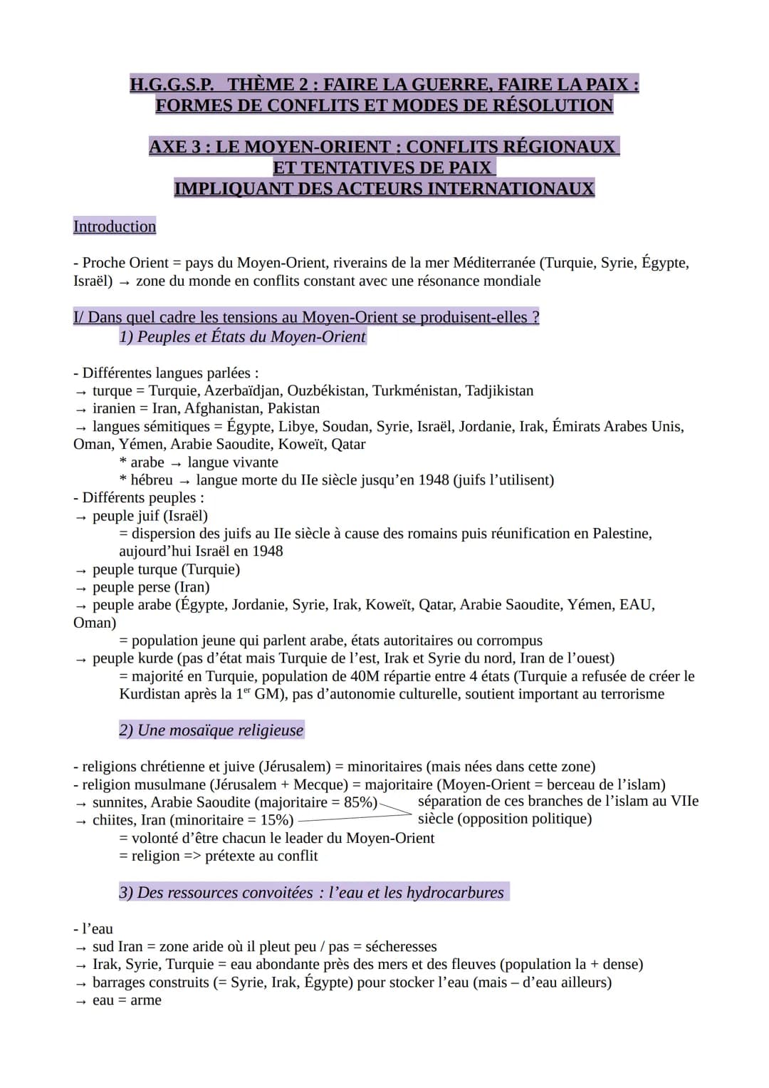 H.G.G.S.P. THÈME 2 : FAIRE LA GUERRE, FAIRE LA PAIX :
FORMES DE CONFLITS ET MODES DE RÉSOLUTION
AXE 3: LE MOYEN-ORIENT : CONFLITS RÉGIONAUX
