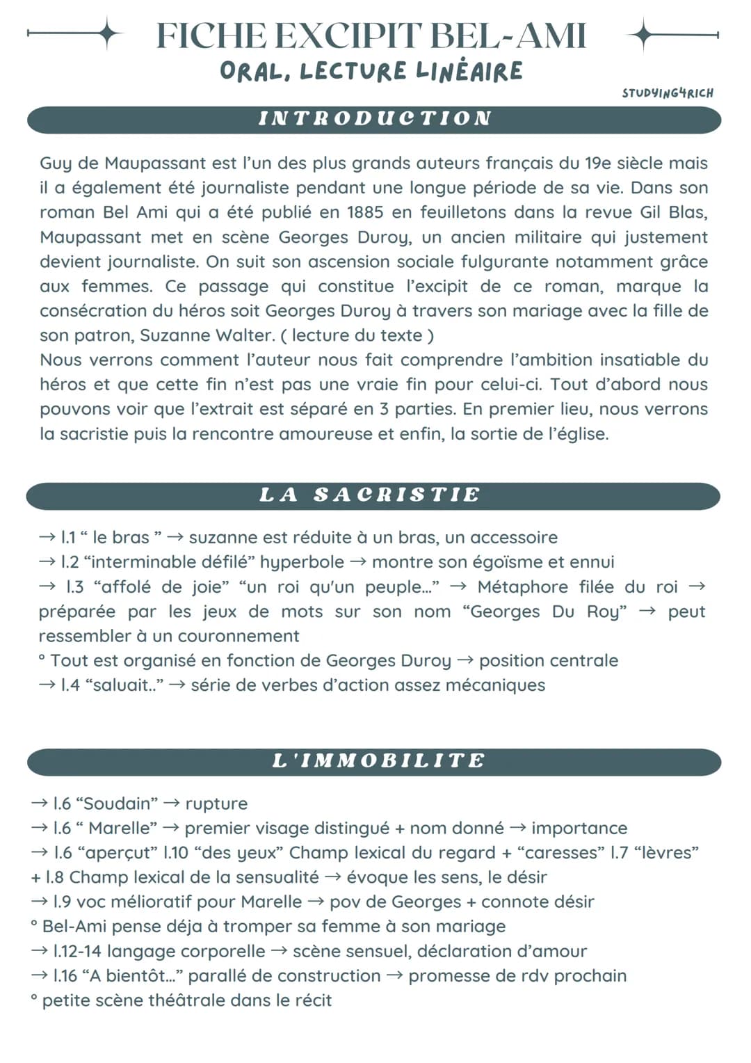 FICHE EXCIPIT BEL-AMI
ORAL, LECTURE LINÉAIRE
O
INTRODUCTION
Guy de Maupassant est l'un des plus grands auteurs français du 19e siècle mais
i