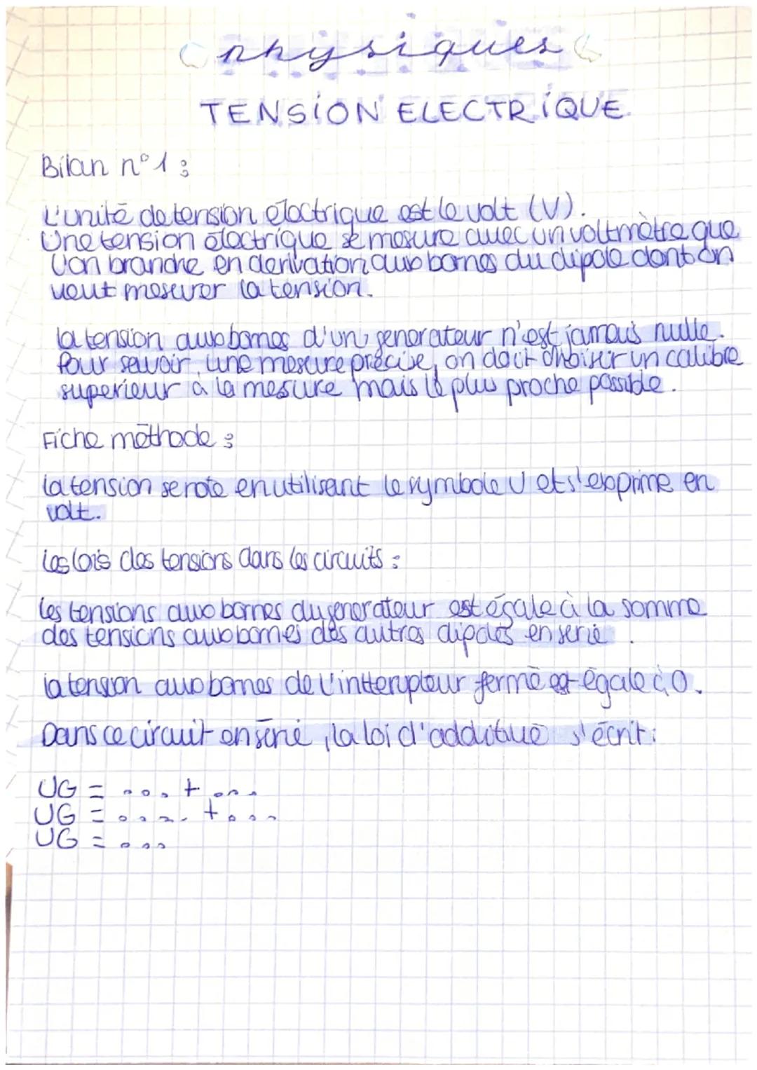 physiques.
TENSION ELECTRIQUE.
Bilan n°1 :
L'unité de tension électrique est le volt (V).
Une tension electrique se mesure avec un voltmetre