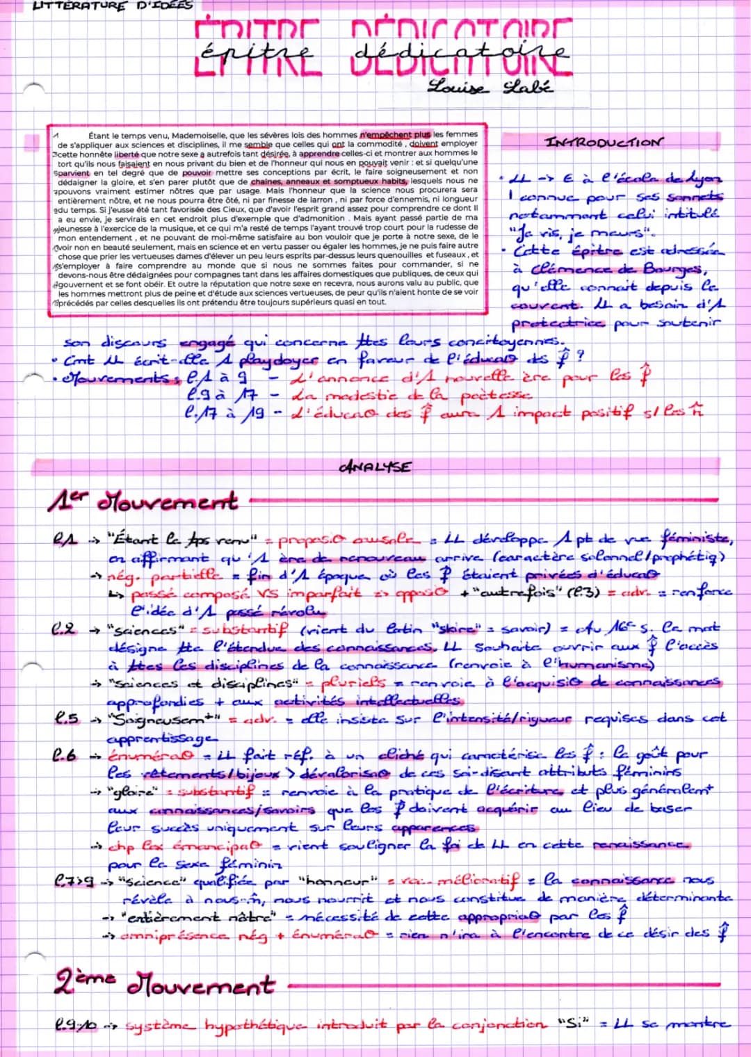 Analyse linéaire Épître dédicatoire Louise Labé et sonnets
