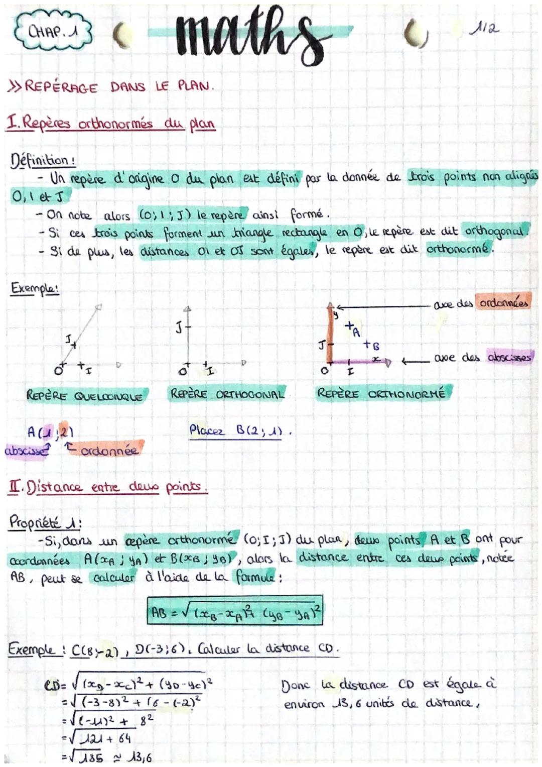 CHAP. 1
( maths
Exemple:
>>REPÉRAGE DANS LE PLAN.
I. Repères orthonormés du plan
Définition!
- Un repère d'origine a du plan est défini par 